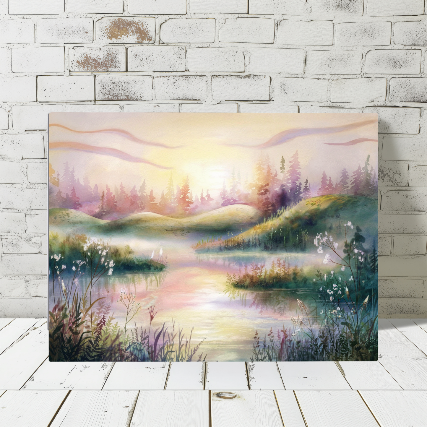 Dreamy Pink Woodland Sunrise Watercolor Canvas Wall Art