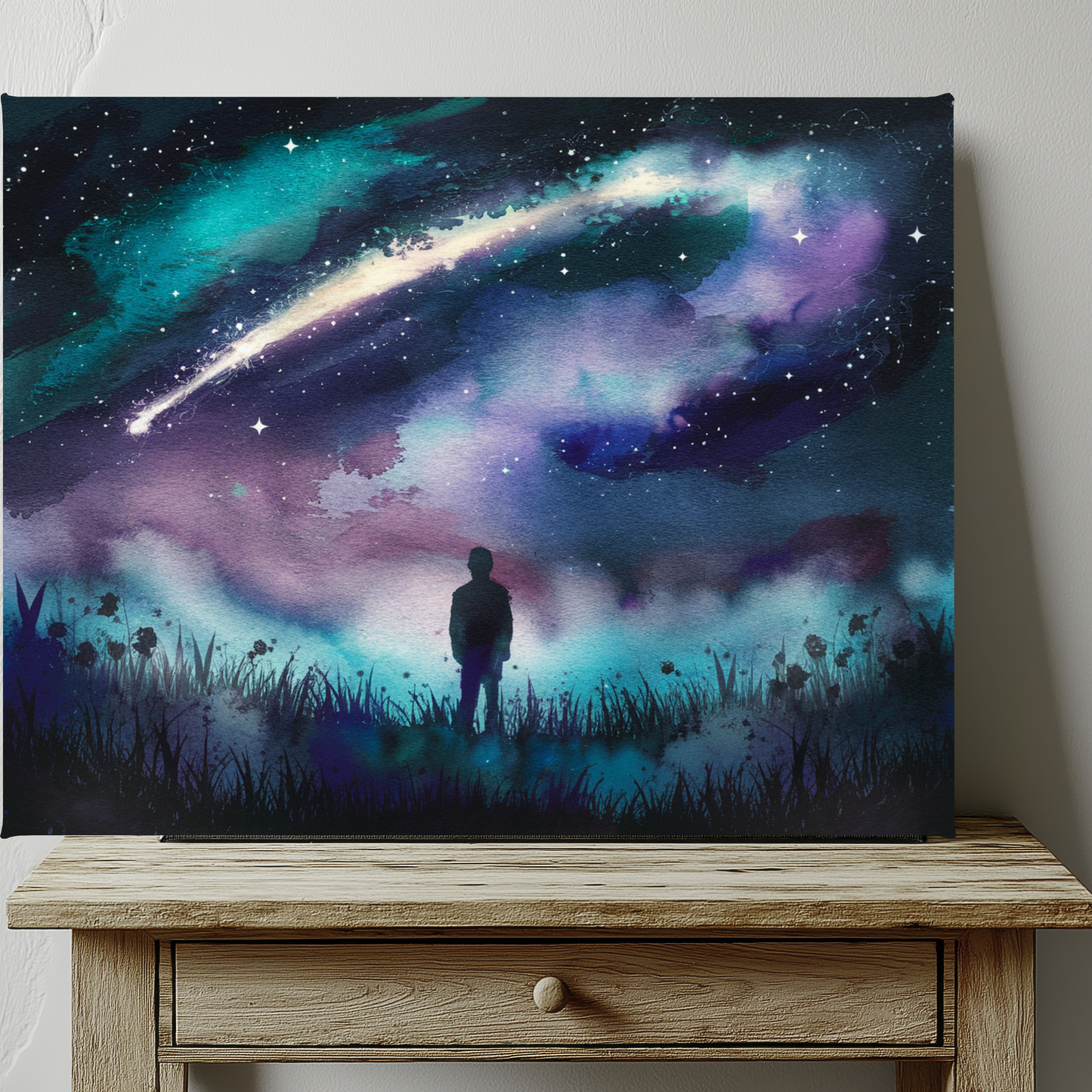Man Looking Up At Starry Night Watercolor Canvas Wall Art