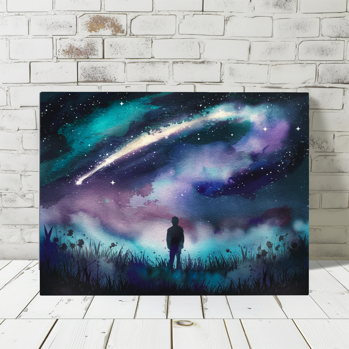 Man Looking Up At Starry Night Watercolor Canvas Wall Art