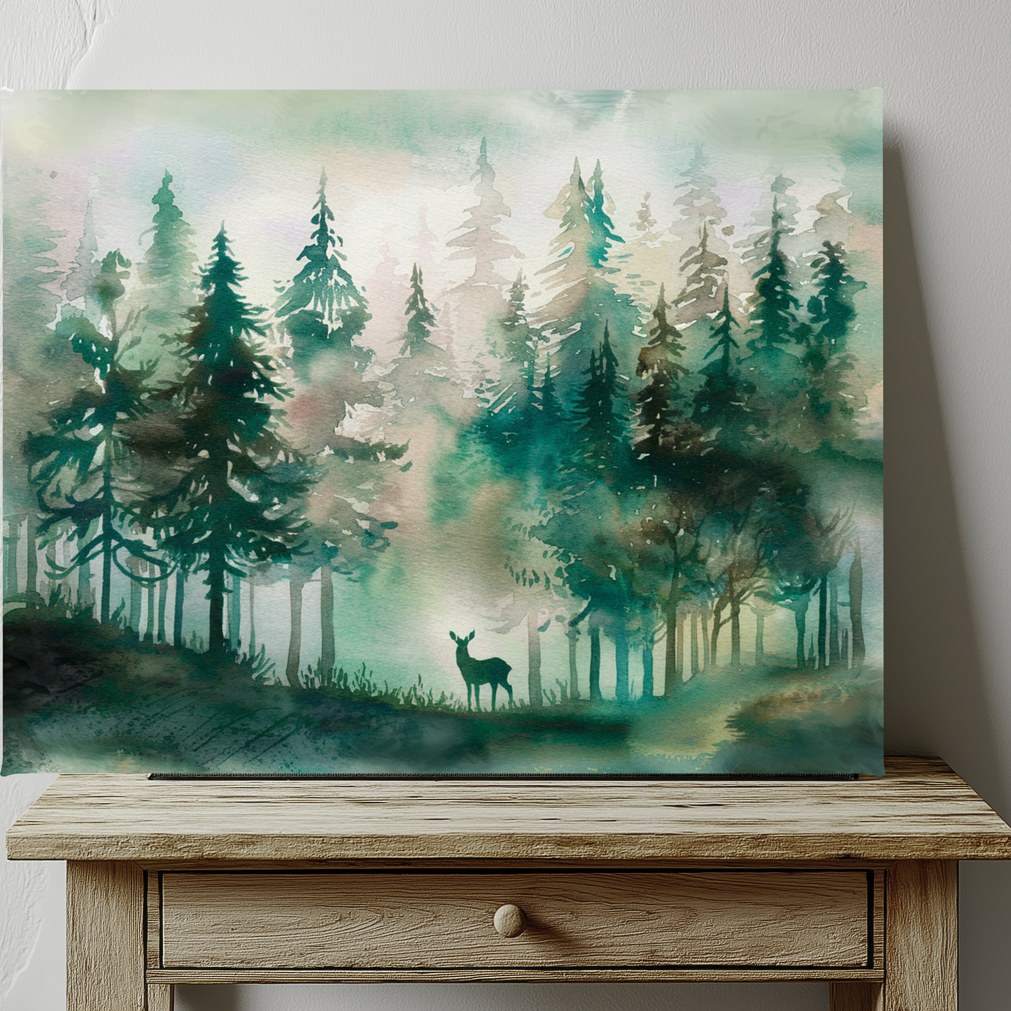 Pine Forest With Deer Watercolor Canvas Wall Art