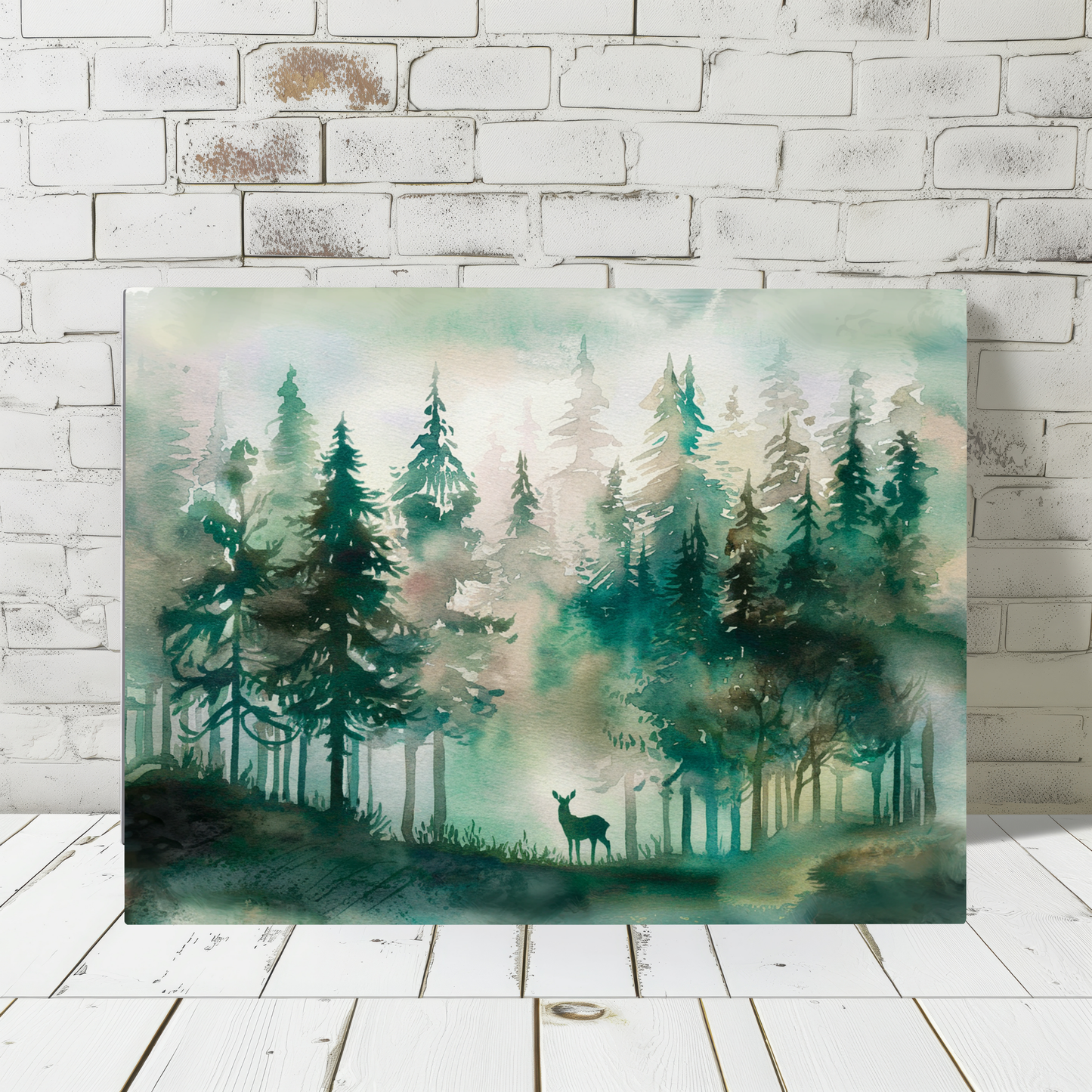 Pine Forest With Deer Watercolor Canvas Wall Art