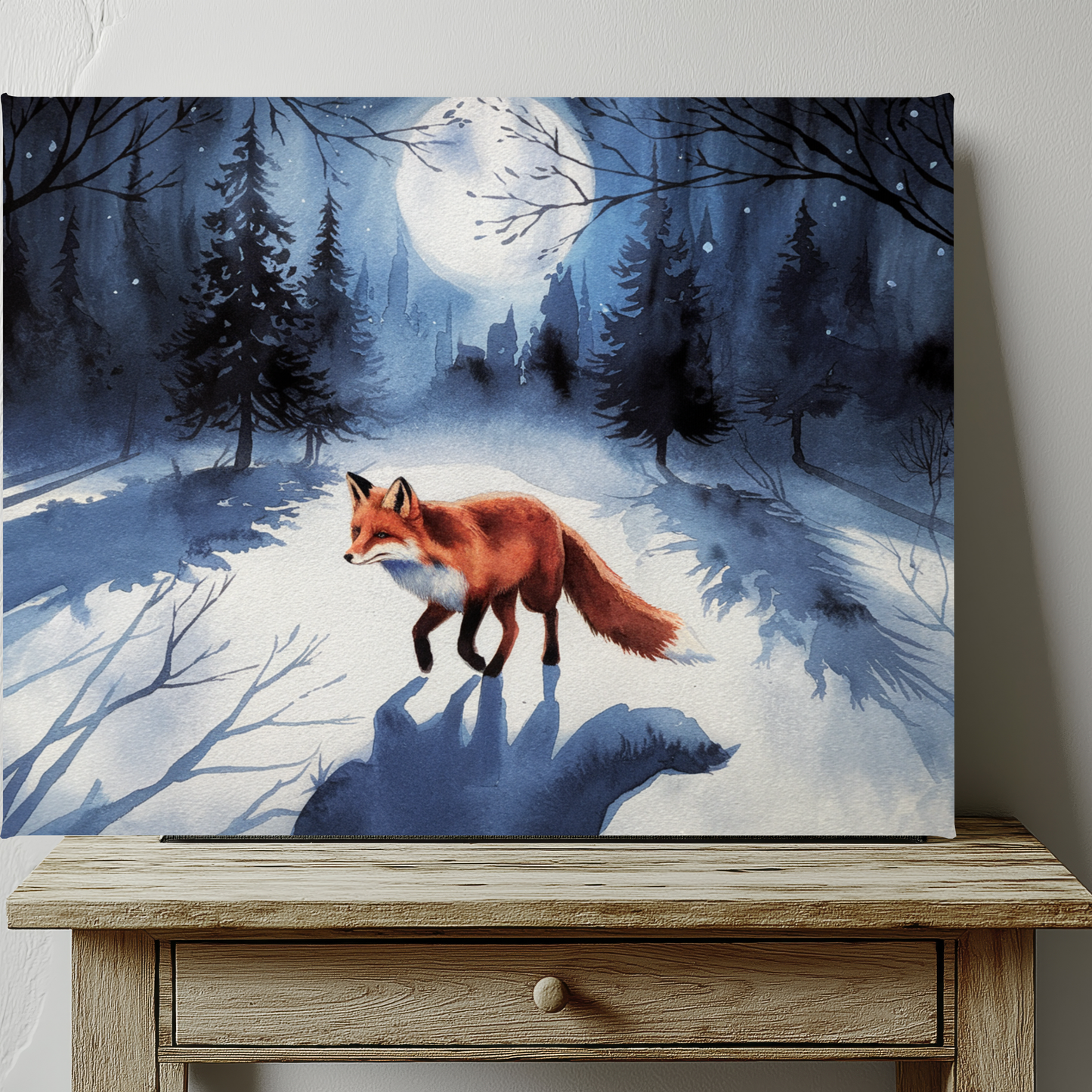 Fox Winter Night Watercolor Canvas Wall Art