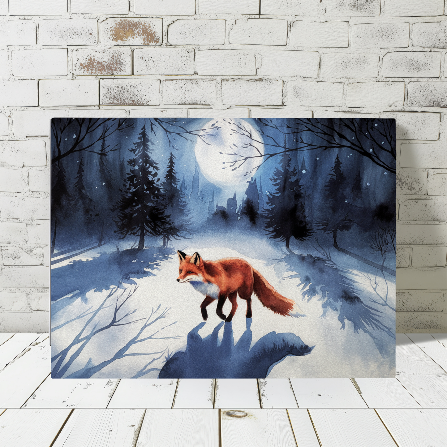 Fox Winter Night Watercolor Canvas Wall Art