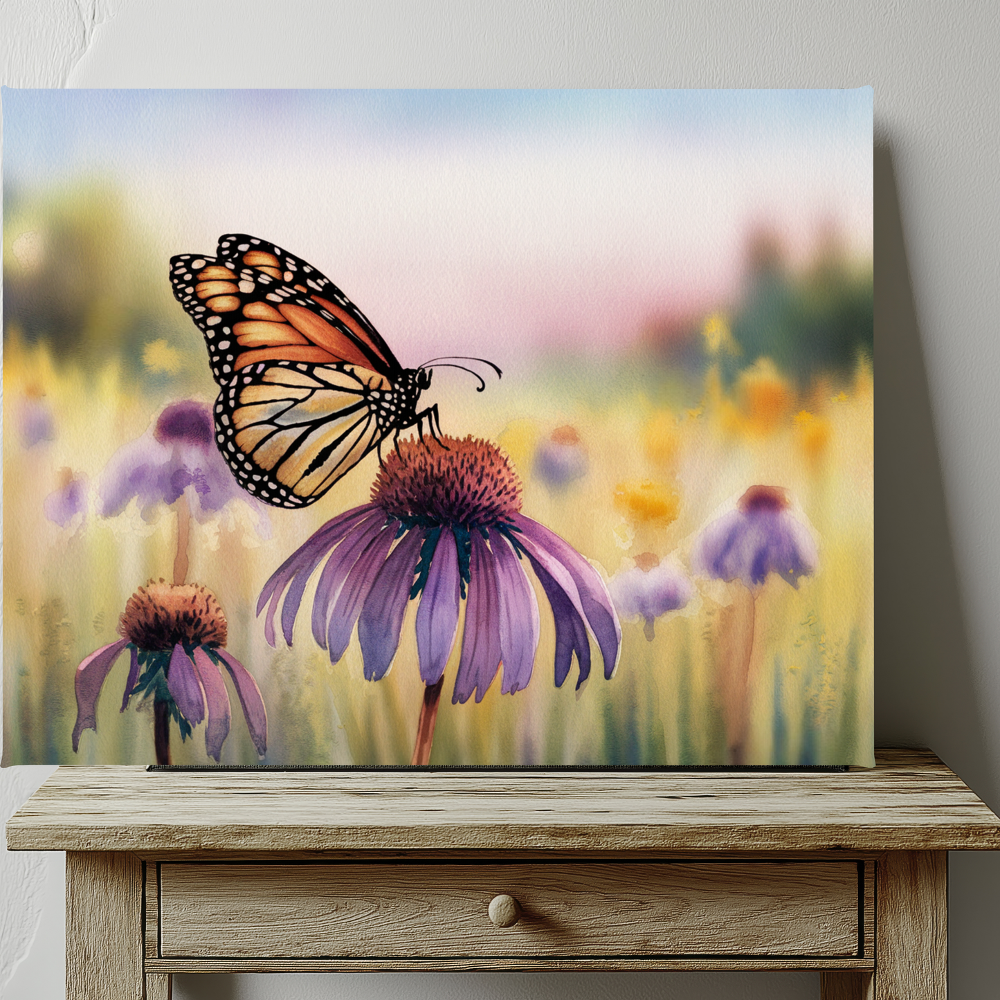 Butterfly On Coneflower Watercolor Canvas Wall Art