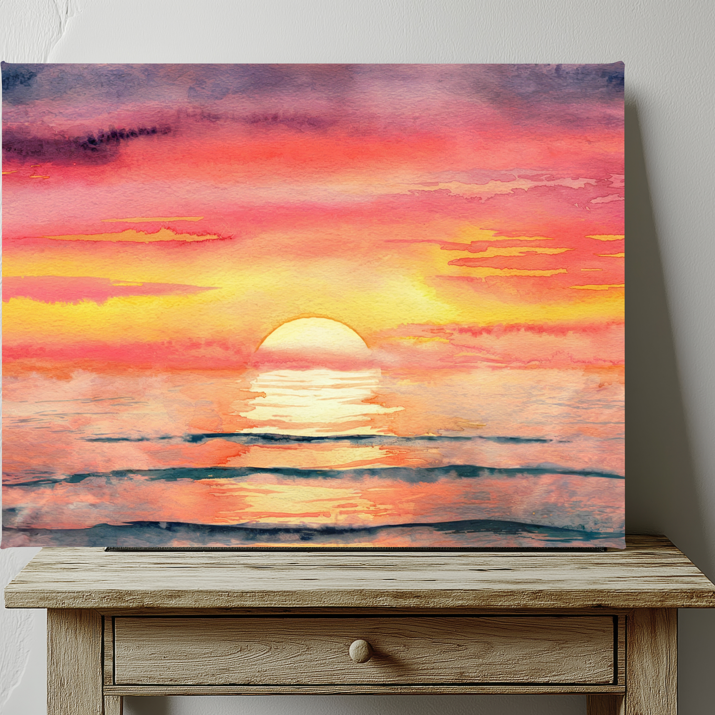 Ocean Sunset Watercolor Canvas Wall Art