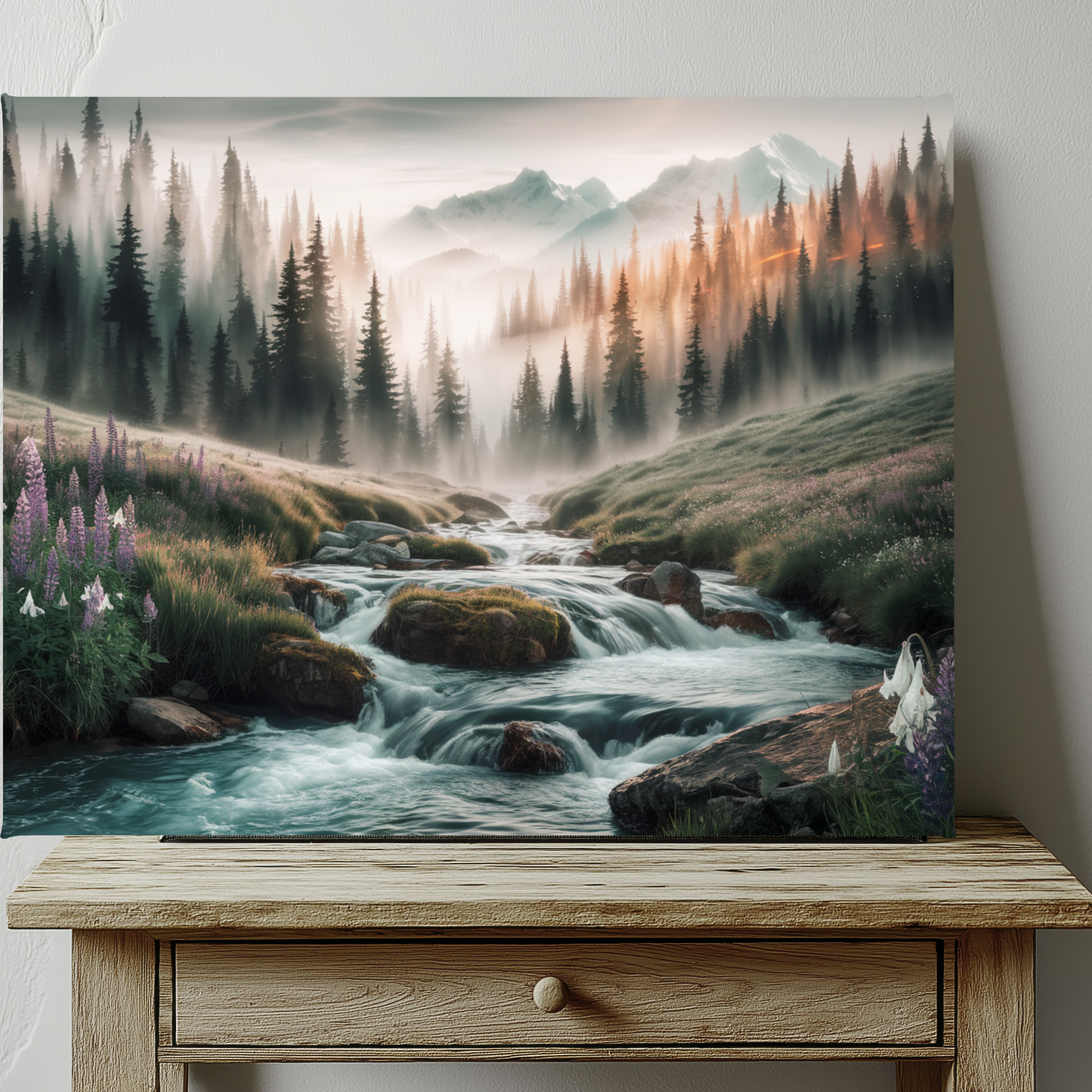 Misty Mountain Stream Watercolor Canvas Wall Art
