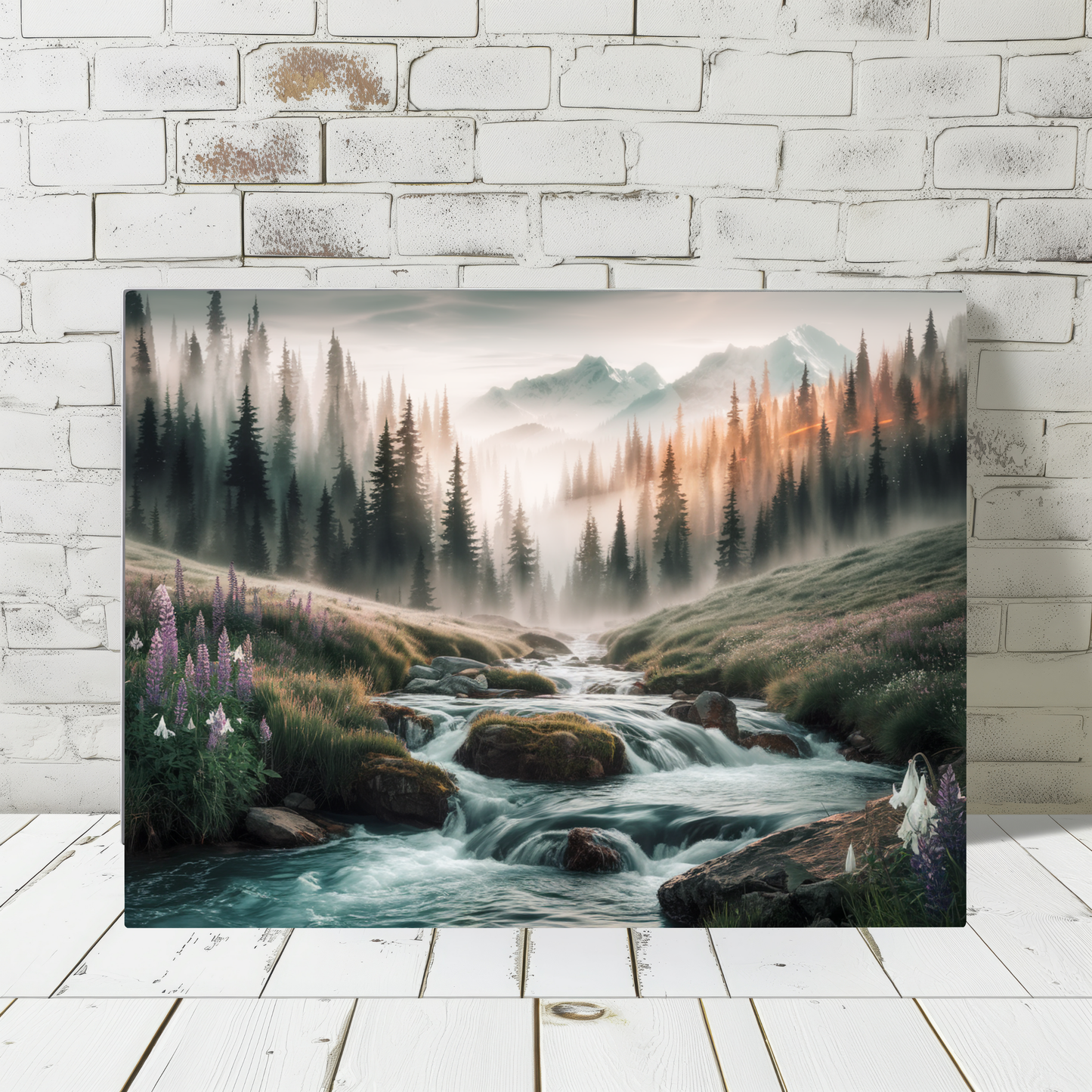 Misty Mountain Stream Watercolor Canvas Wall Art