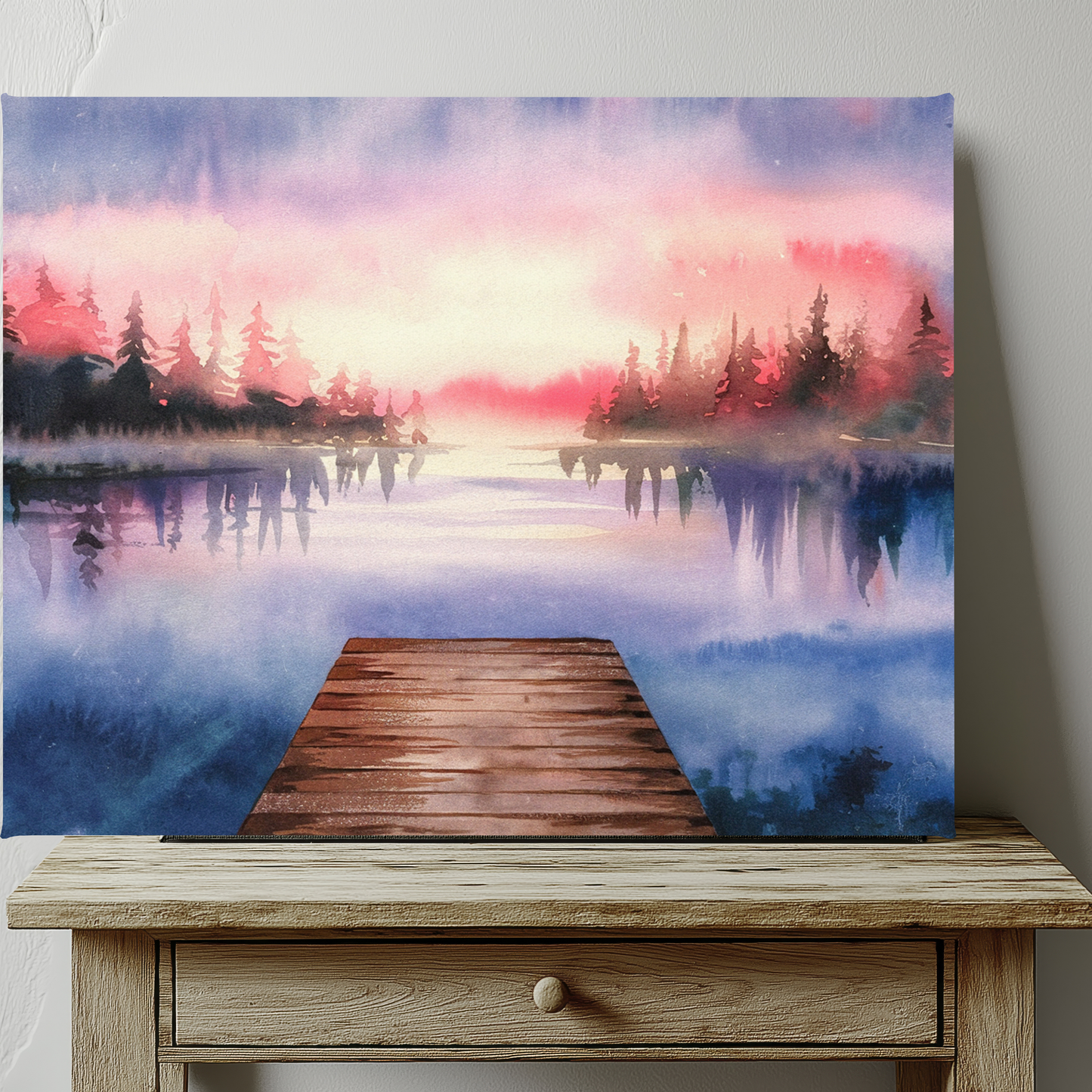 Mountain Lake Dock Watercolor Canvas Wall Art