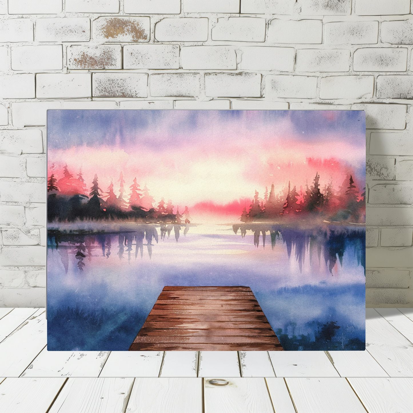 Mountain Lake Dock Watercolor Canvas Wall Art