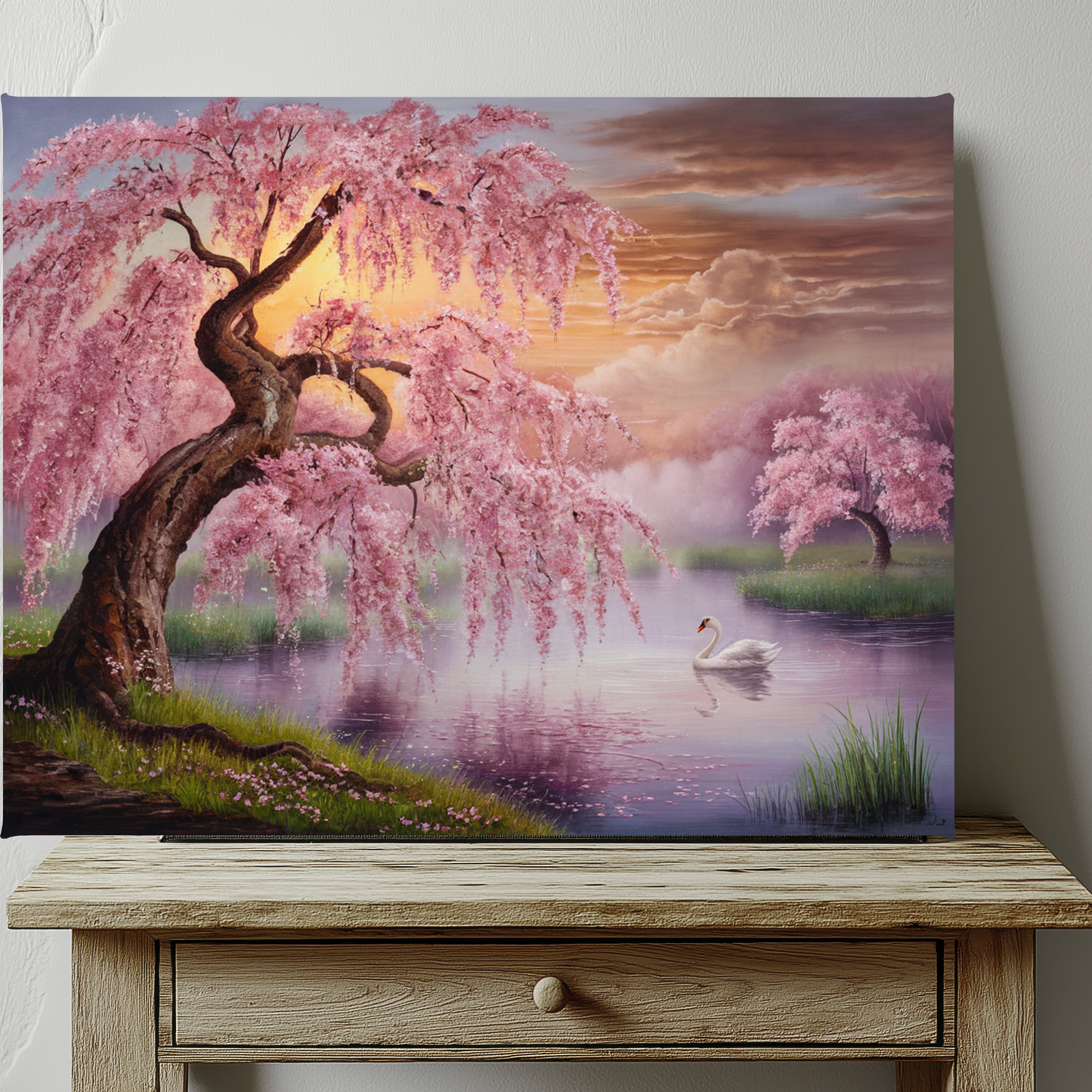 Cherry Tree And Swan Watercolor Canvas Wall Art