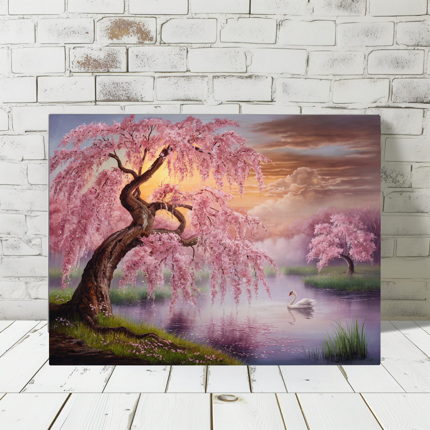 Cherry Tree And Swan Watercolor Canvas Wall Art