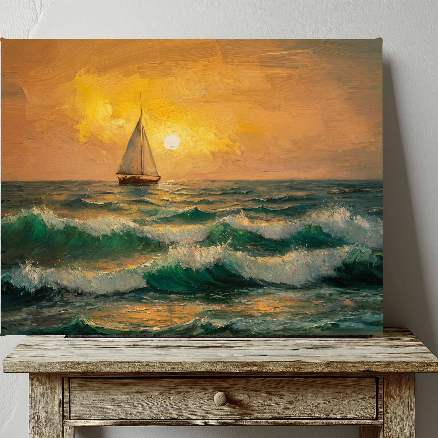 Sail Boat At Sunset Watercolor Canvas Wall Art