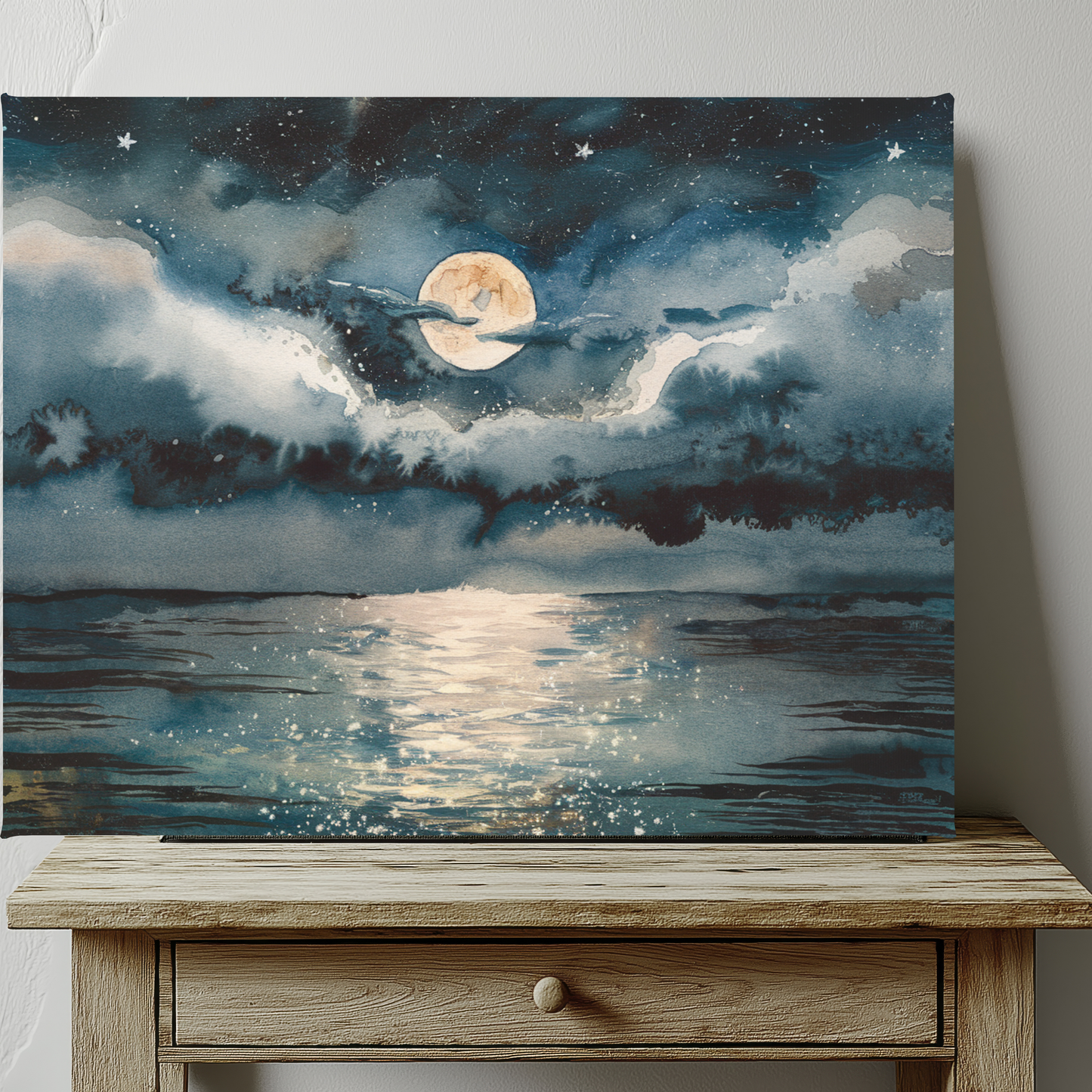 Full Moon Over Ocean Watercolor Canvas Wall Art