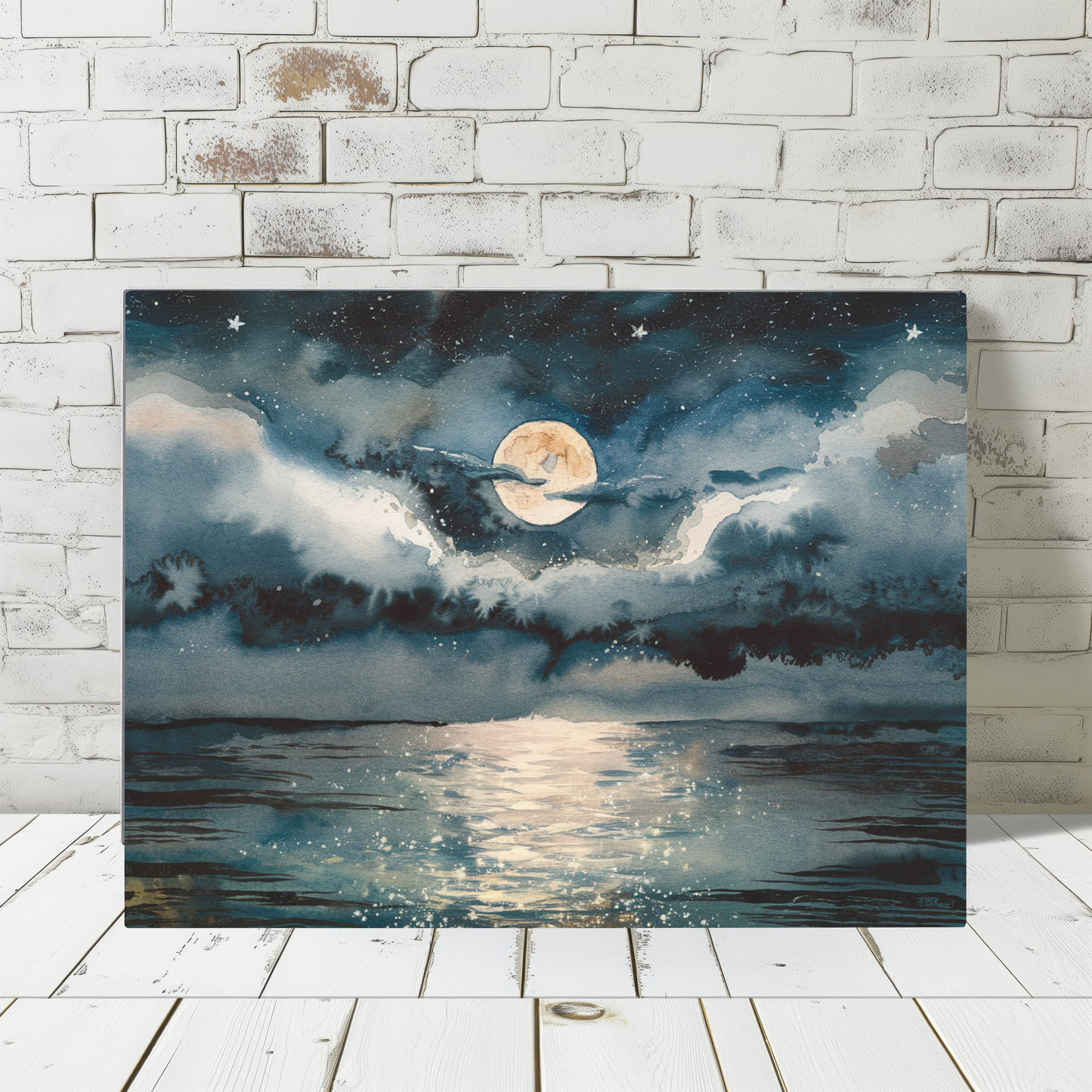 Full Moon Over Ocean Watercolor Canvas Wall Art