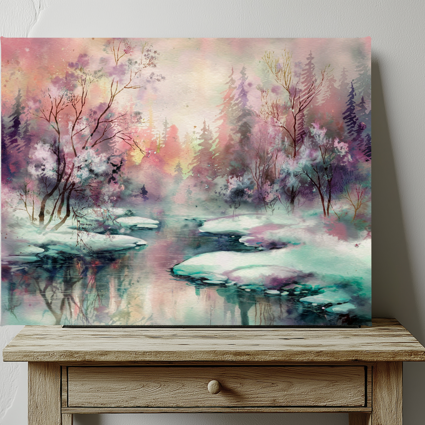 Winter Forest Stream Watercolor Canvas Wall Art
