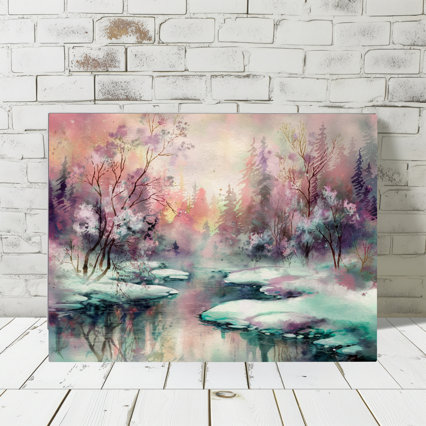 Winter Forest Stream Watercolor Canvas Wall Art