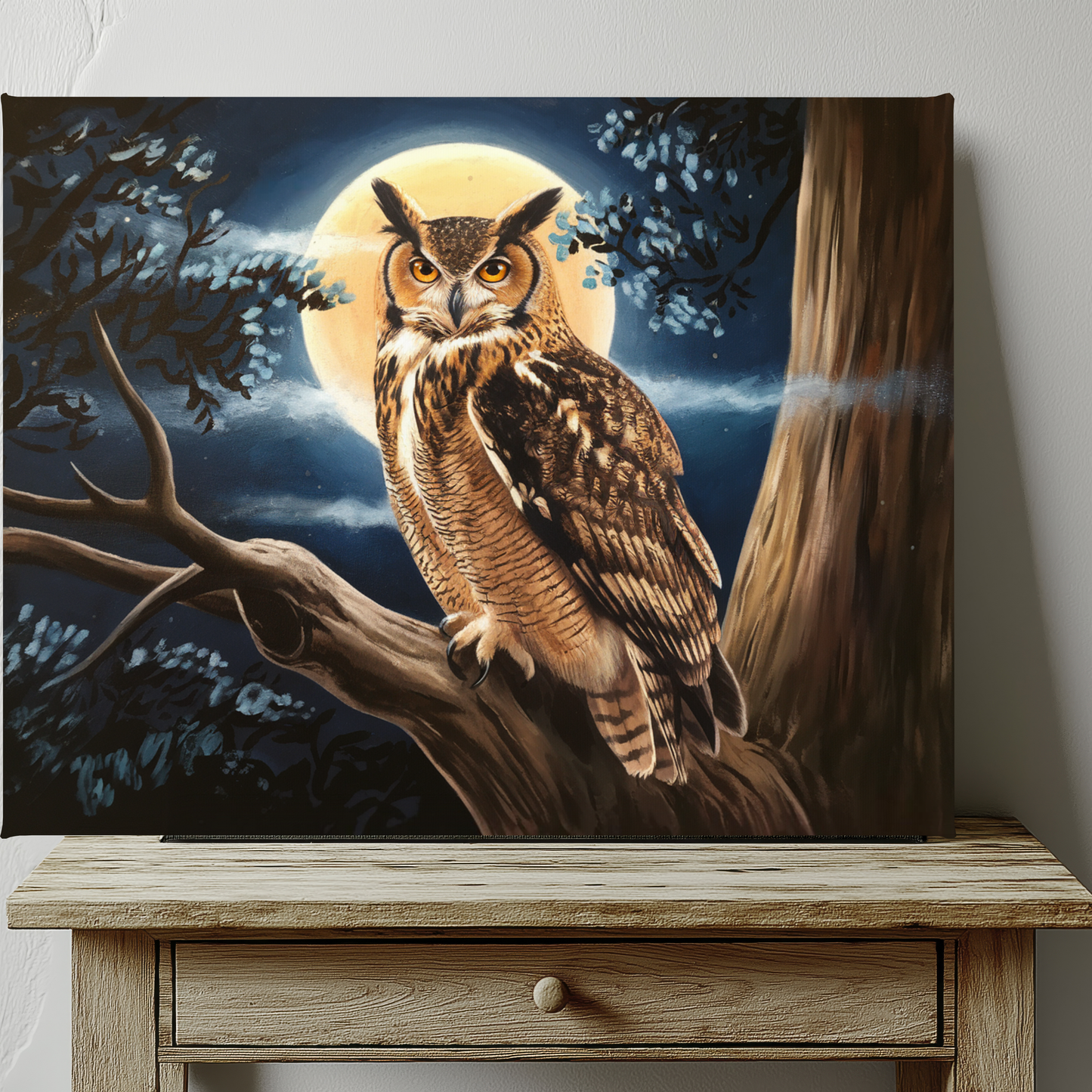 Horned Owl With Full Moon Watercolor Canvas Wall Art