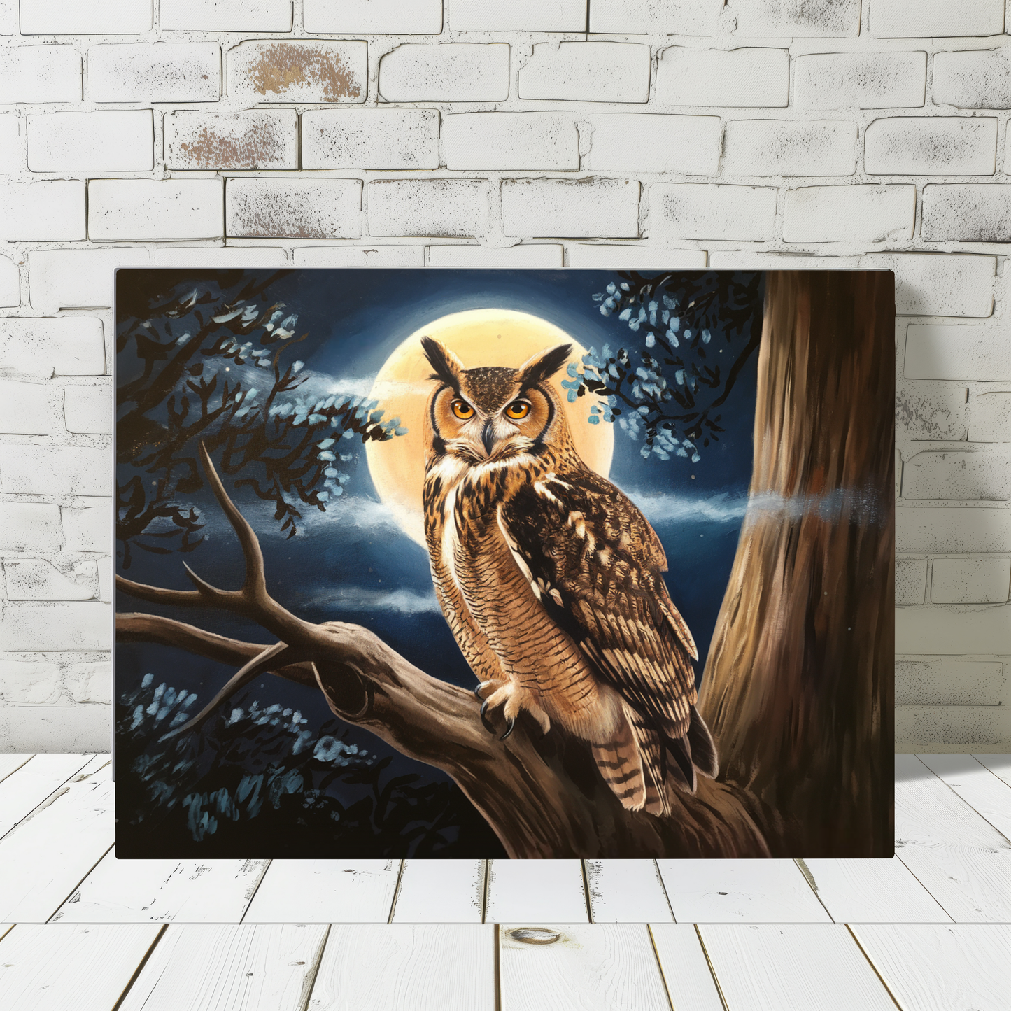 Horned Owl With Full Moon Watercolor Canvas Wall Art