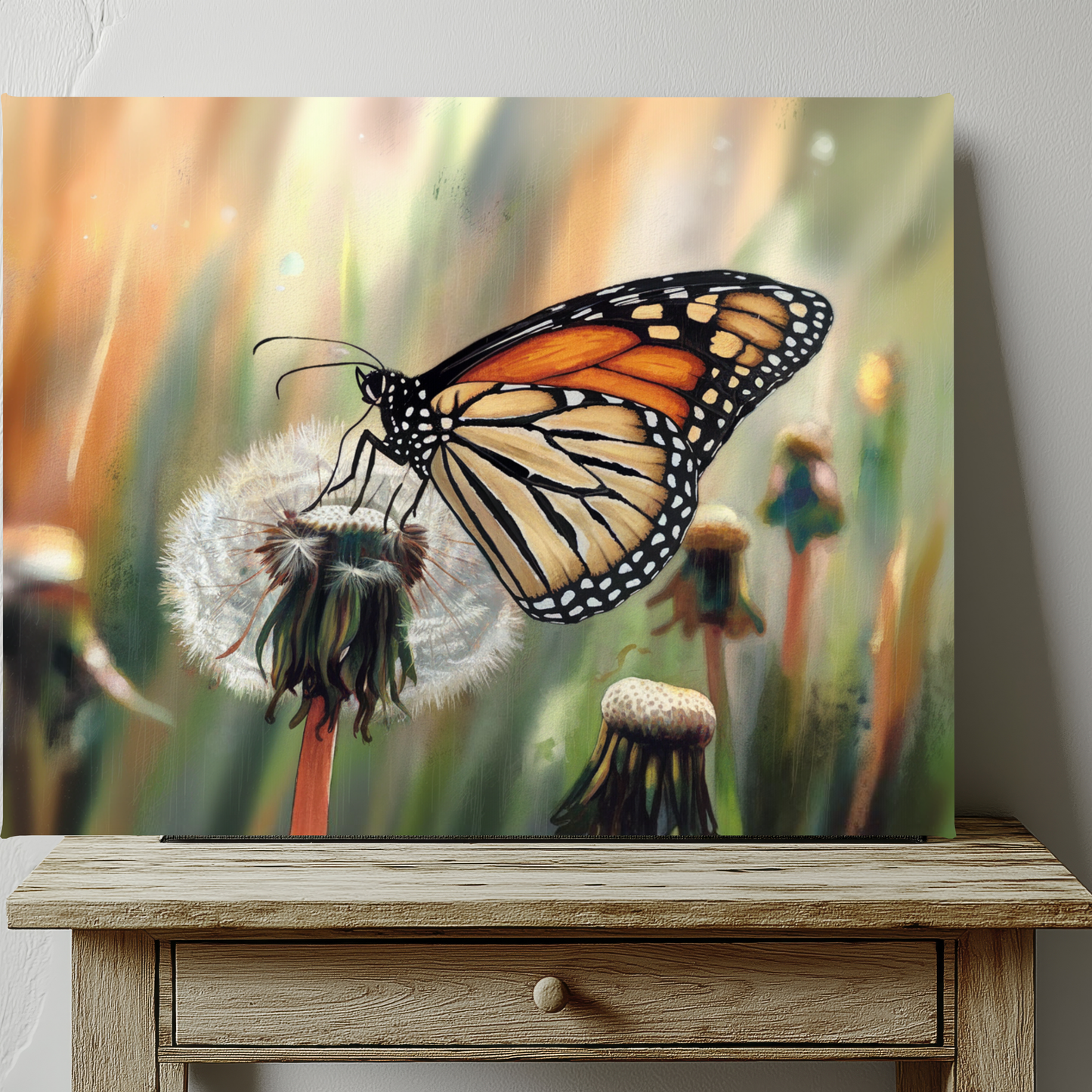 Monarch Butterfly On Dandelion Watercolor Canvas Wall Art