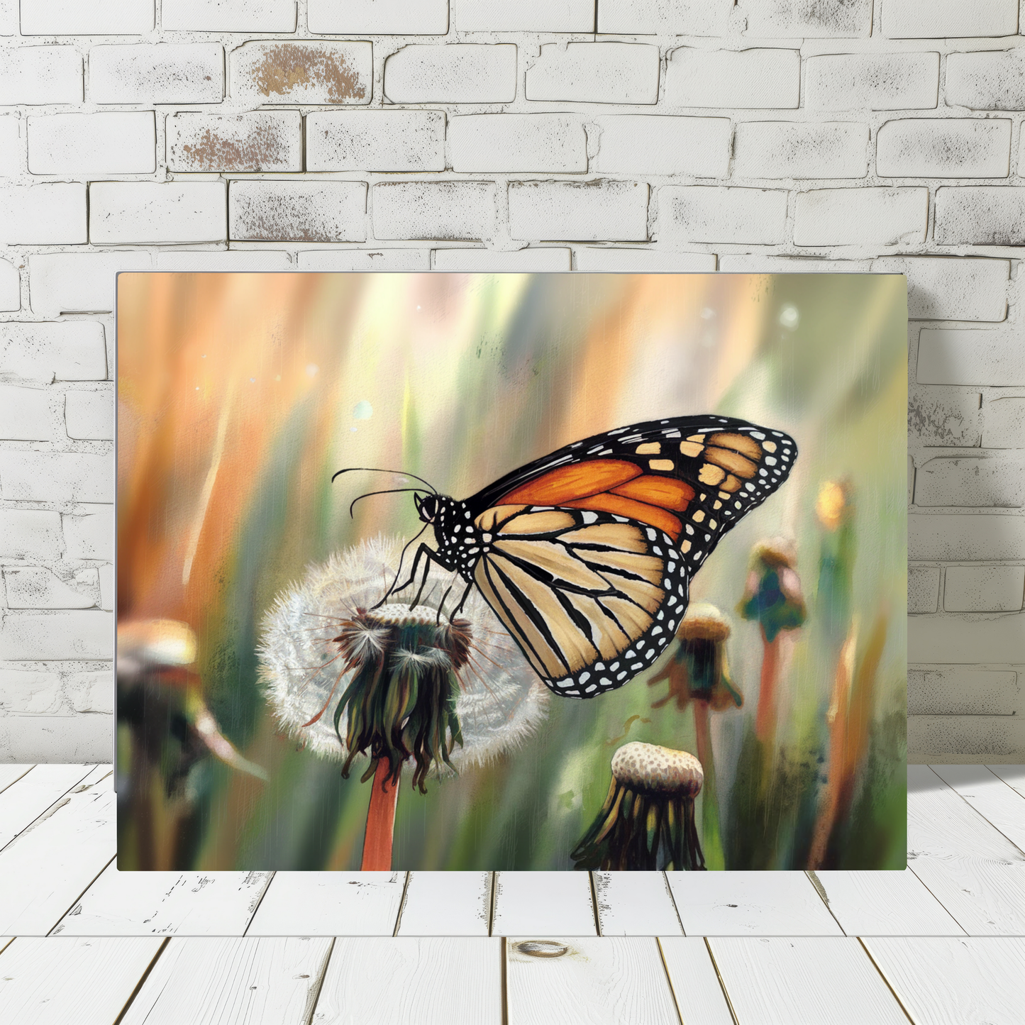 Monarch Butterfly On Dandelion Watercolor Canvas Wall Art