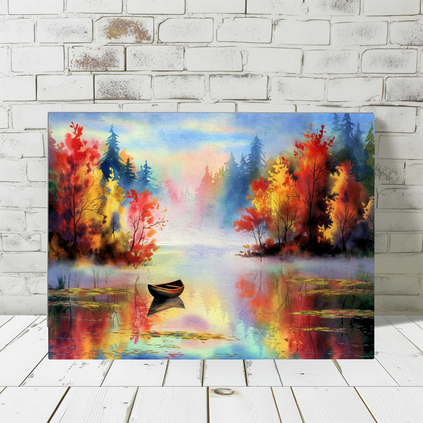 Small Boat On Mountain Lake In The Fall Watercolor Canvas Wall Art