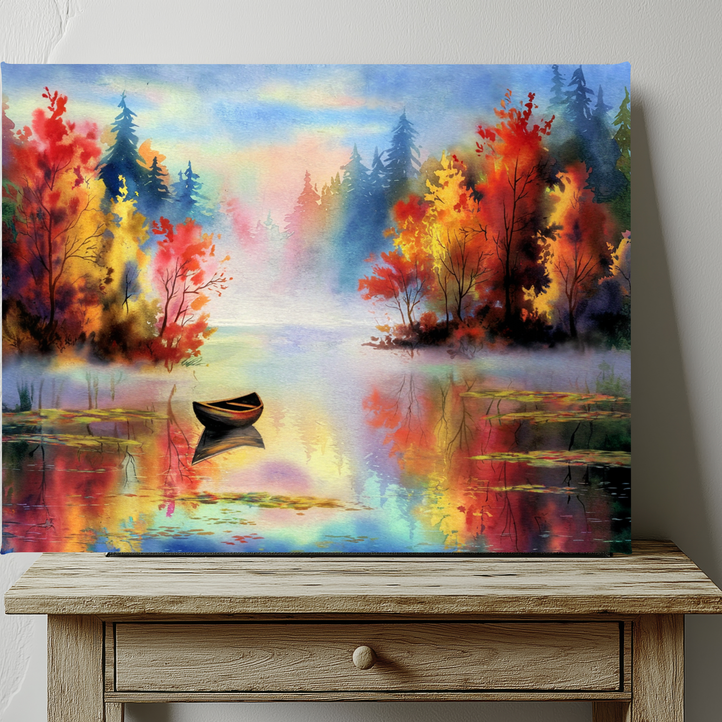Small Boat On Mountain Lake In The Fall Watercolor Canvas Wall Art