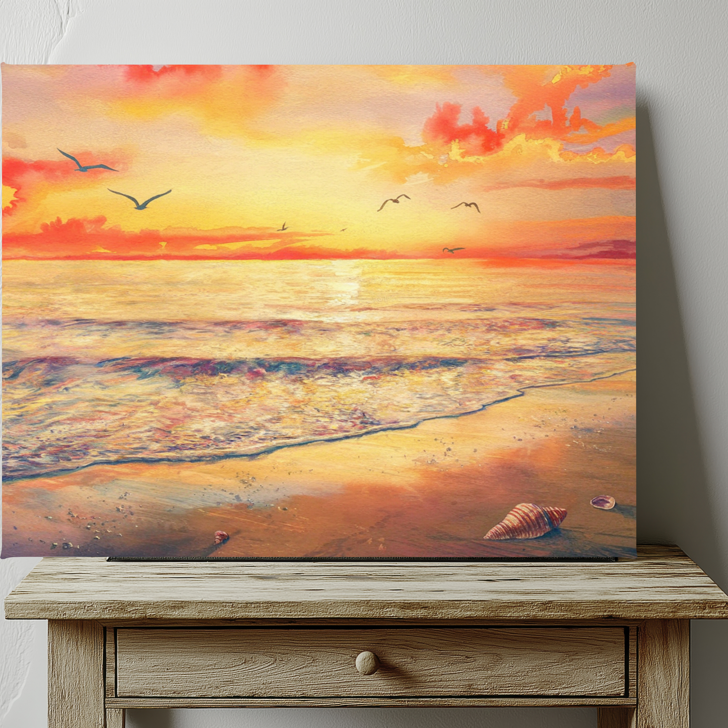 Ocean Sunset With Seagulls Watercolor Canvas Wall Art