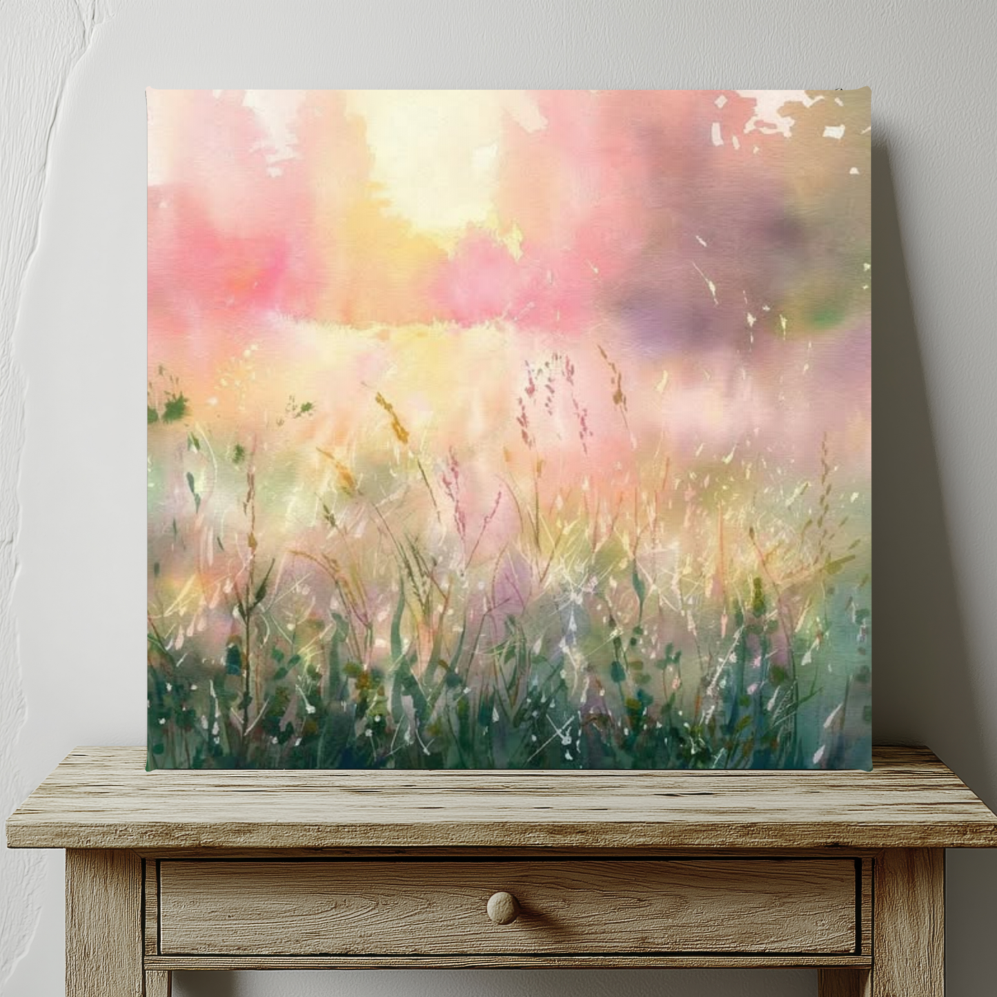 Dreamy Meadow Sunrise Watercolor Canvas Wall Art