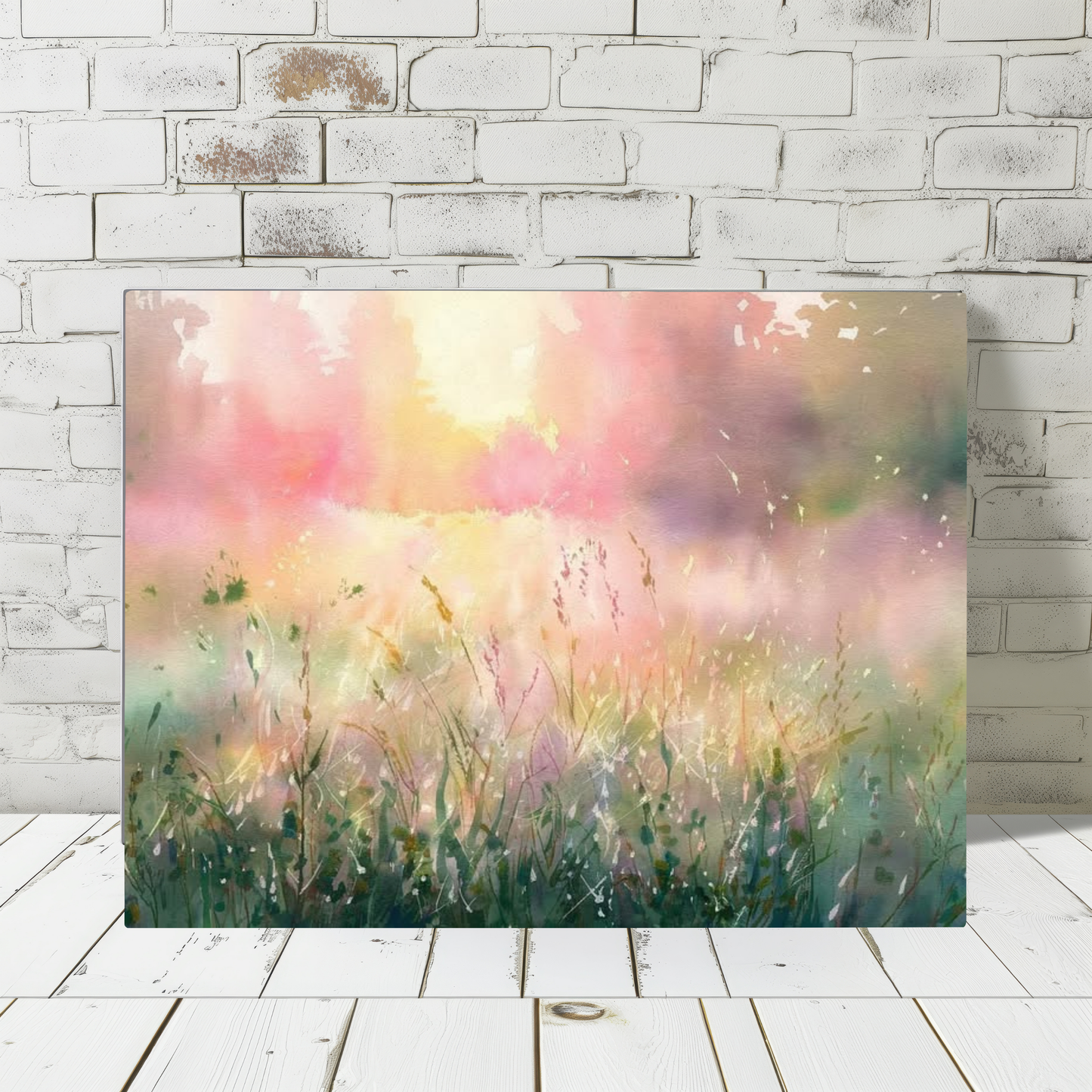 Dreamy Meadow Sunrise Watercolor Canvas Wall Art