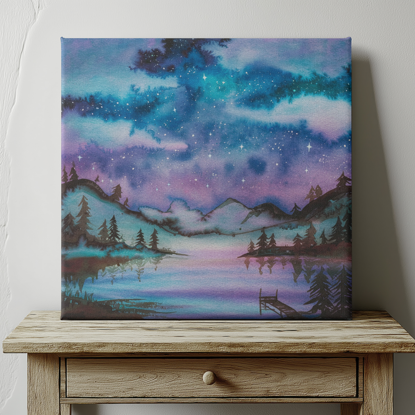 Starry Night Over Lake Watercolor Canvas Wall Art