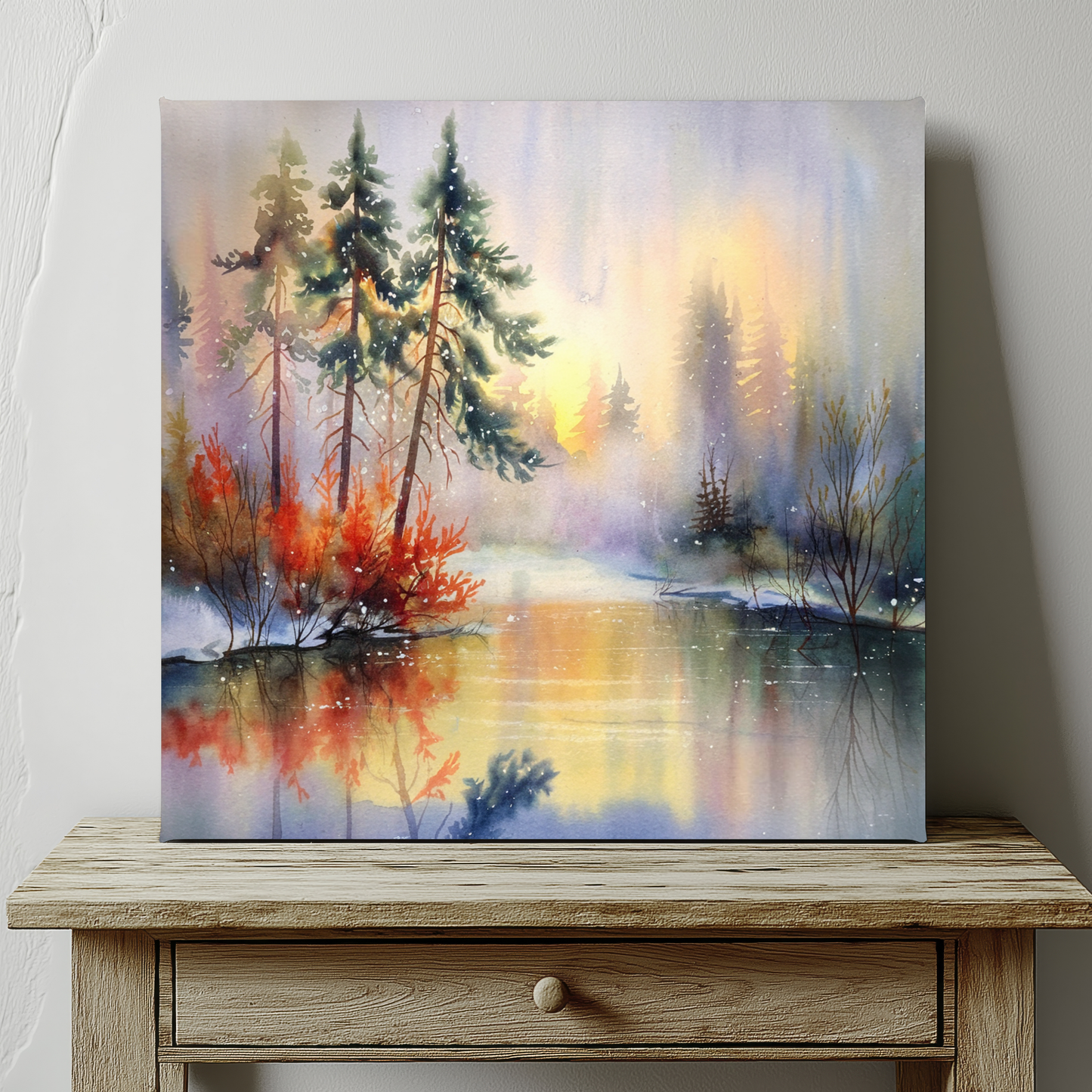 Dreamy Woodland Pond Watercolor Canvas Wall Art