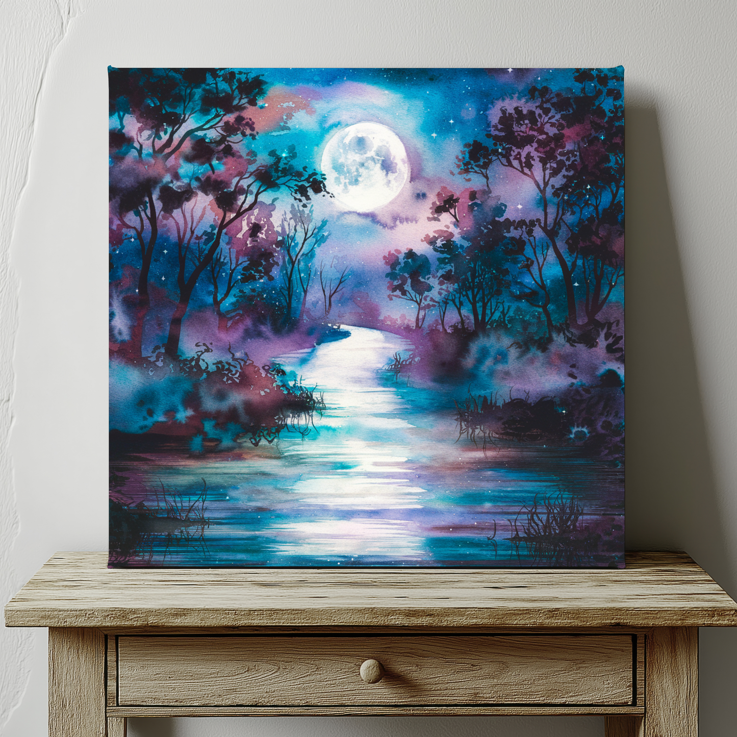Dreamy Woodland River With Full Moon Watercolor Canvas Wall Art