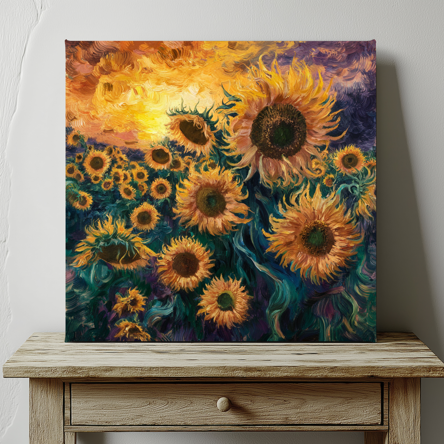 Field Of Sunflowers At Sunrise Canvas Wall Art
