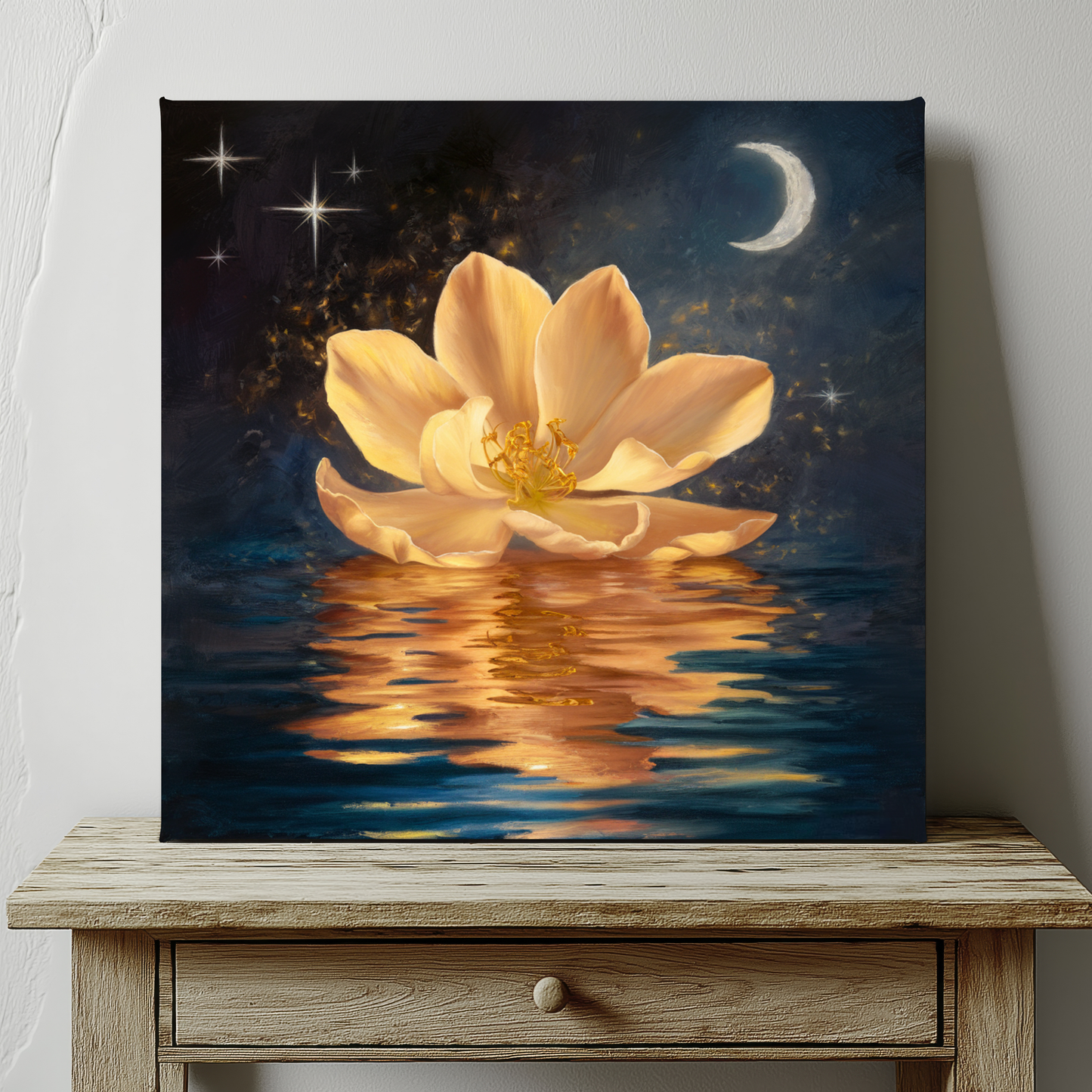 Lotus Flower With Moon Canvas Wall Art