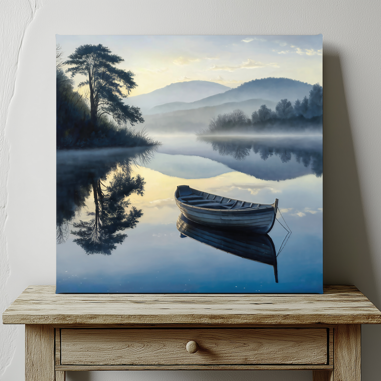 Wooden Boat On Mountain Pond Canvas Wall Art
