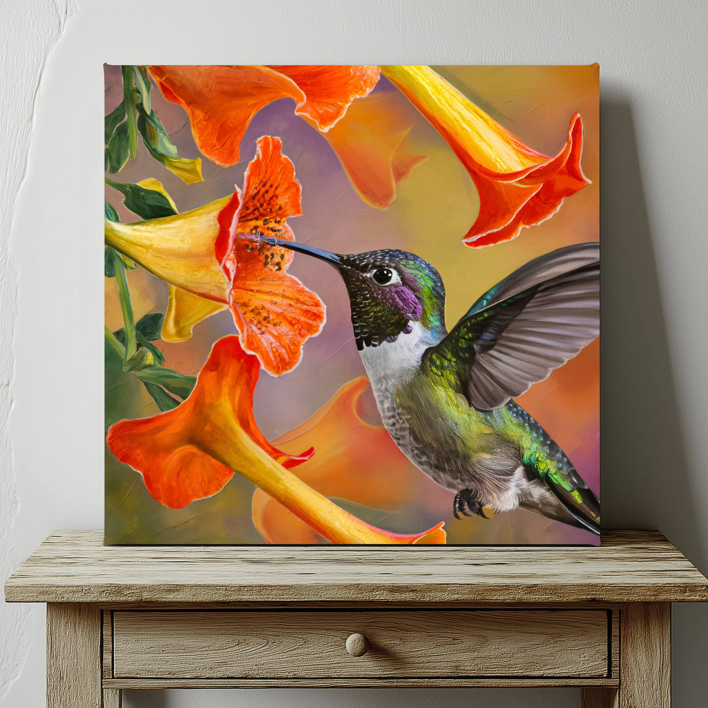 Hummingbird With Flowers Canvas Wall Art