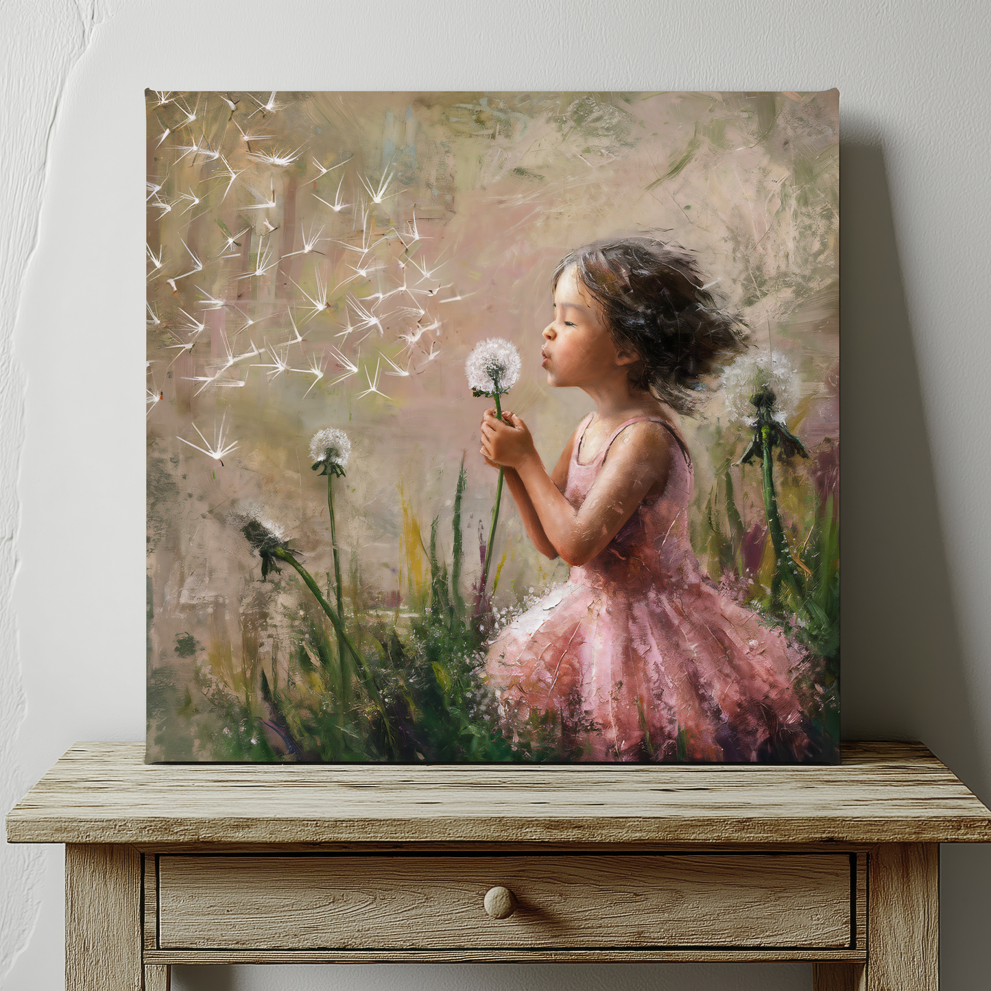 Girl Blowing Dandelion Seeds Canvas Wall Art