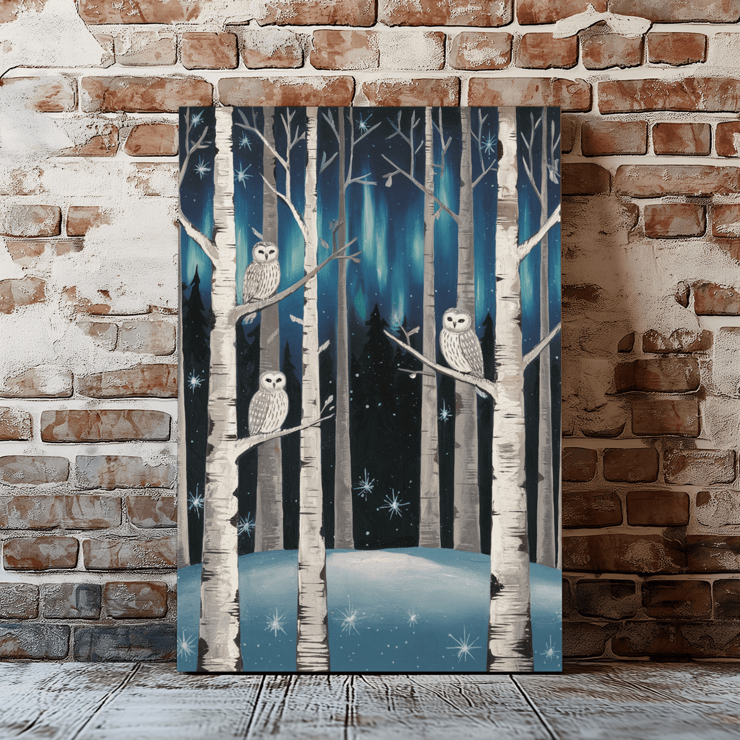 Folk Art Owls Snowy Night Canvas Wall Art