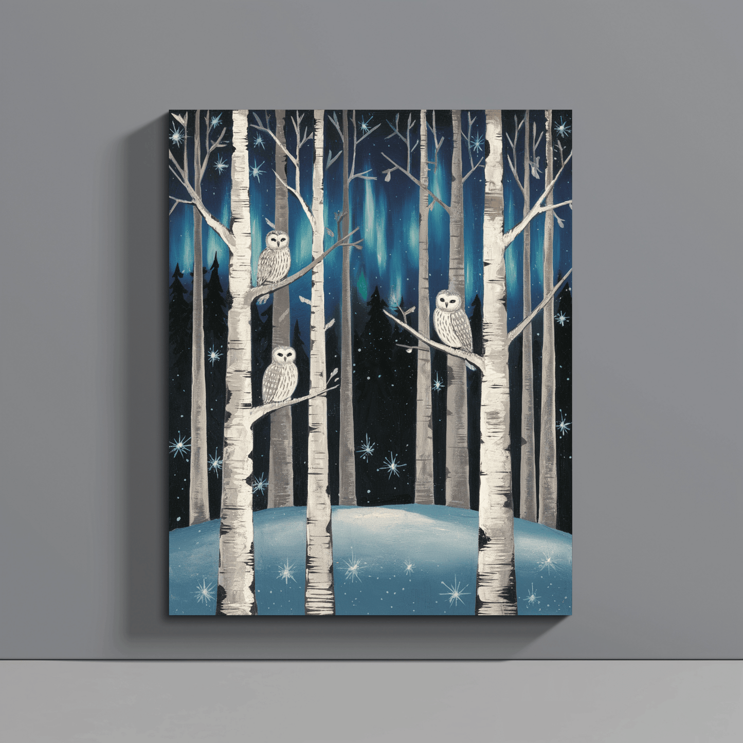 Folk Art Owls Snowy Night Canvas Wall Art