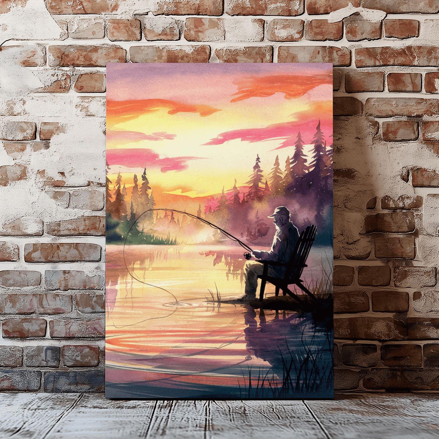 Man Fishing At Sunset Canvas Wall Art