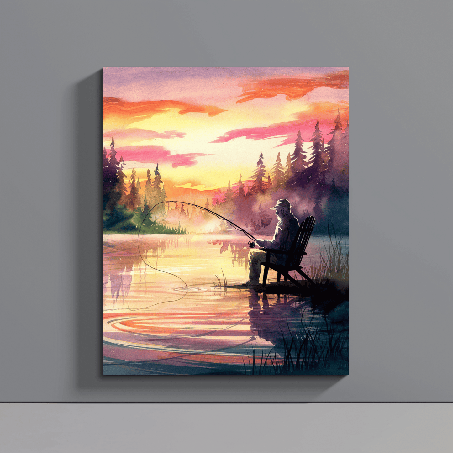 Man Fishing At Sunset Canvas Wall Art