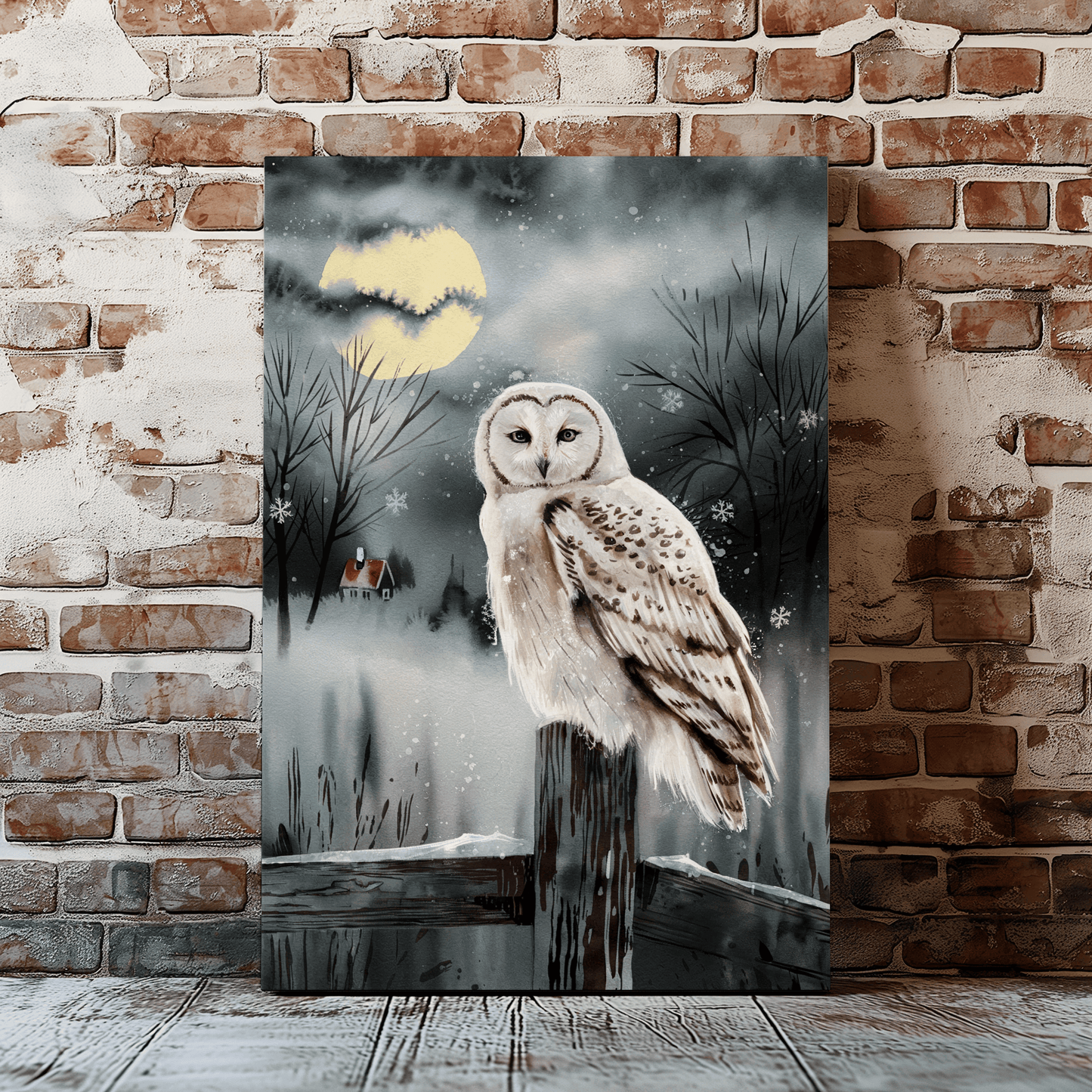 Snow Owl At Night On Post Canvas Wall Art