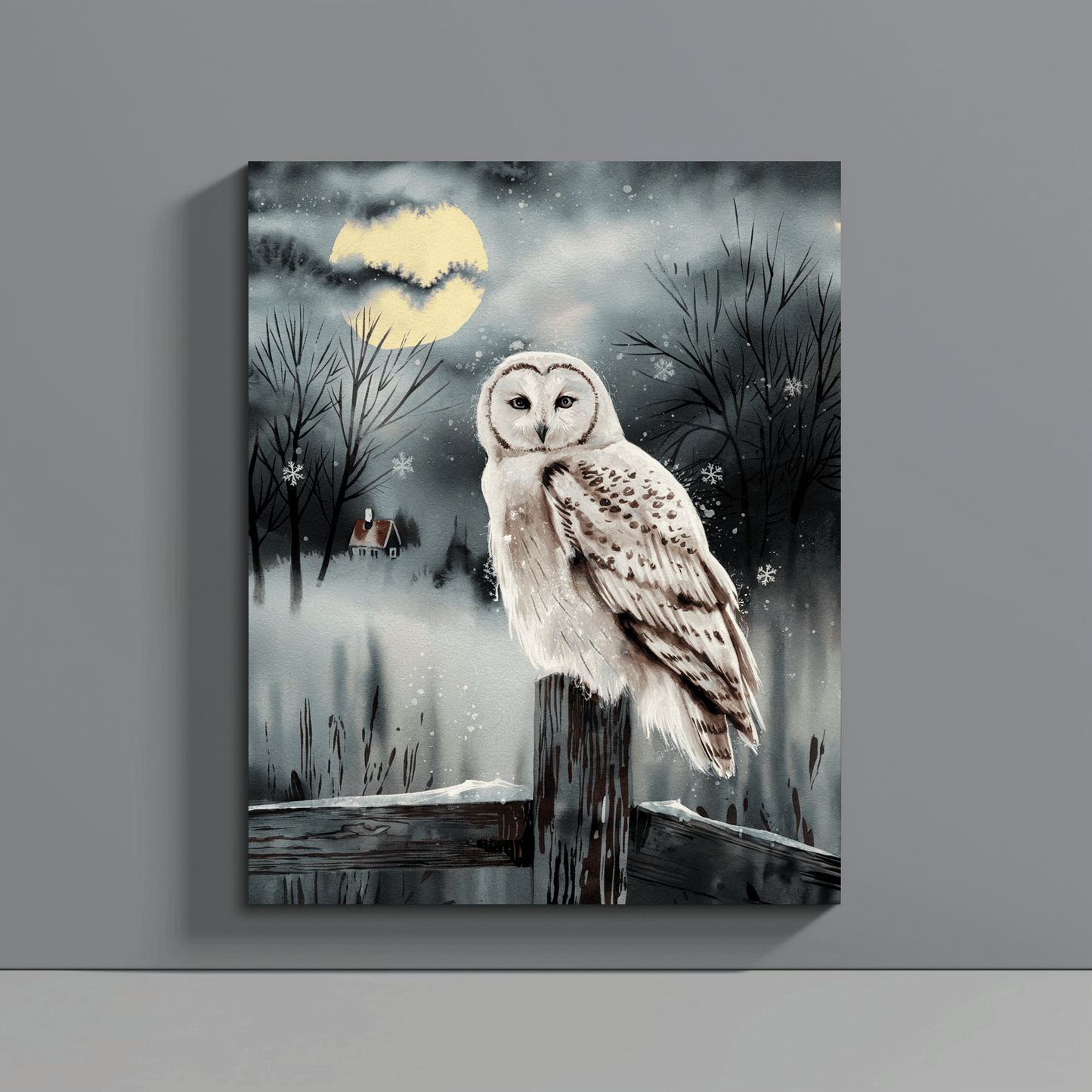 Snow Owl At Night On Post Canvas Wall Art
