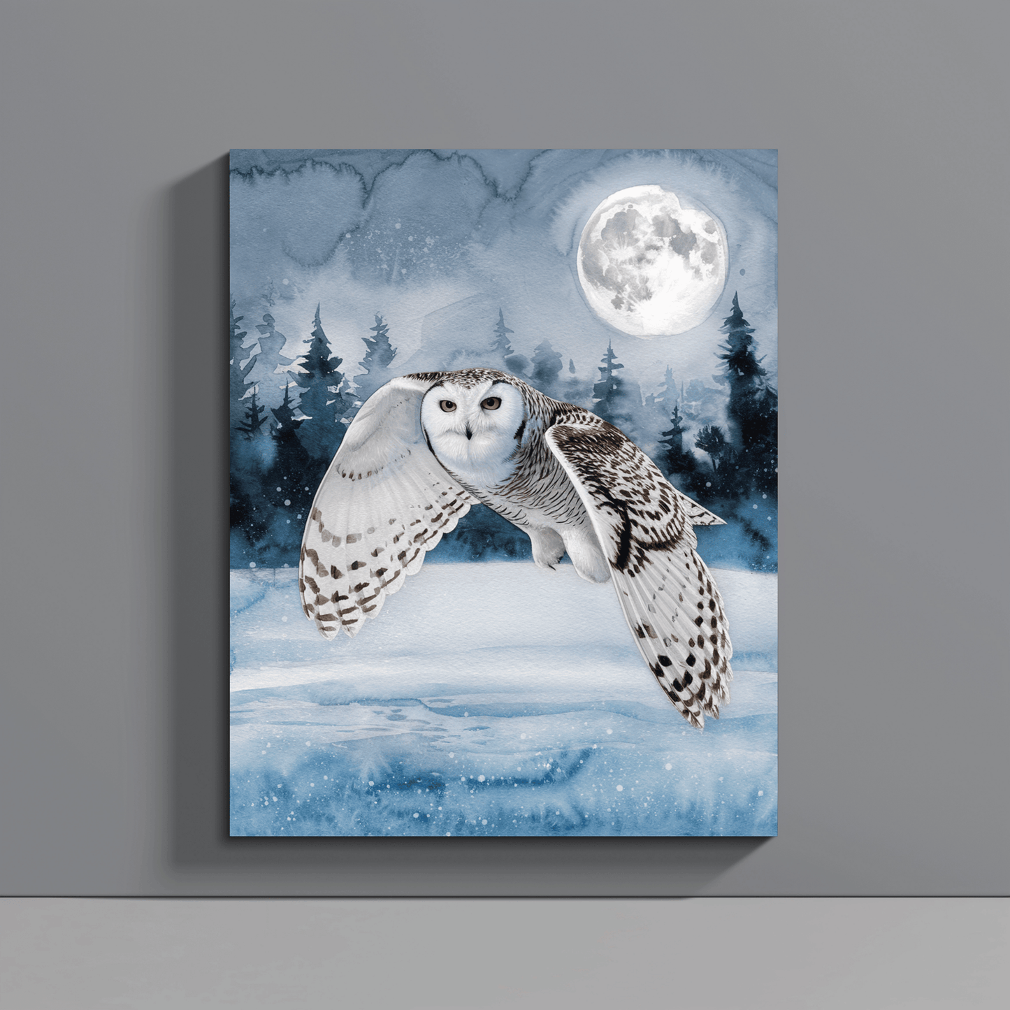 Snow Owl Flying At Night Canvas Wall Art