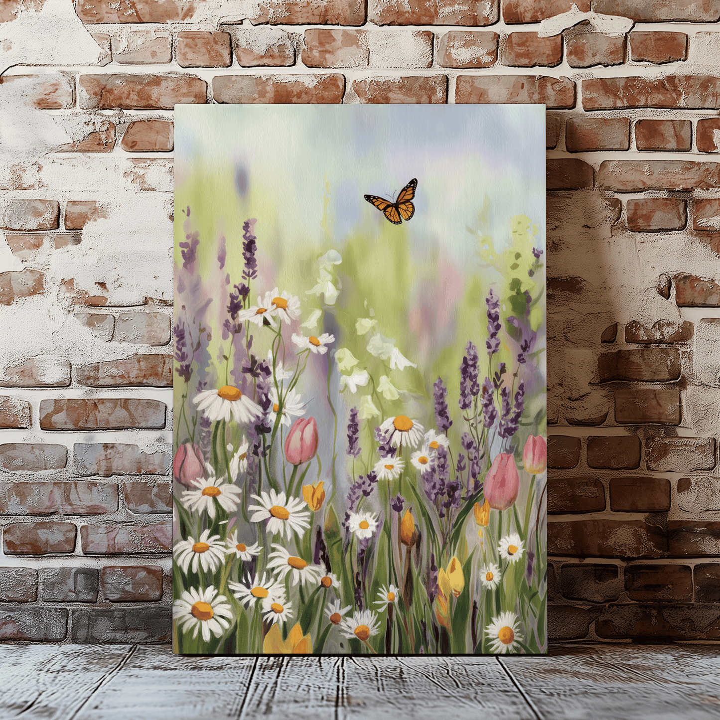 Field Of Flowers With Butterfly Canvas Wall Art