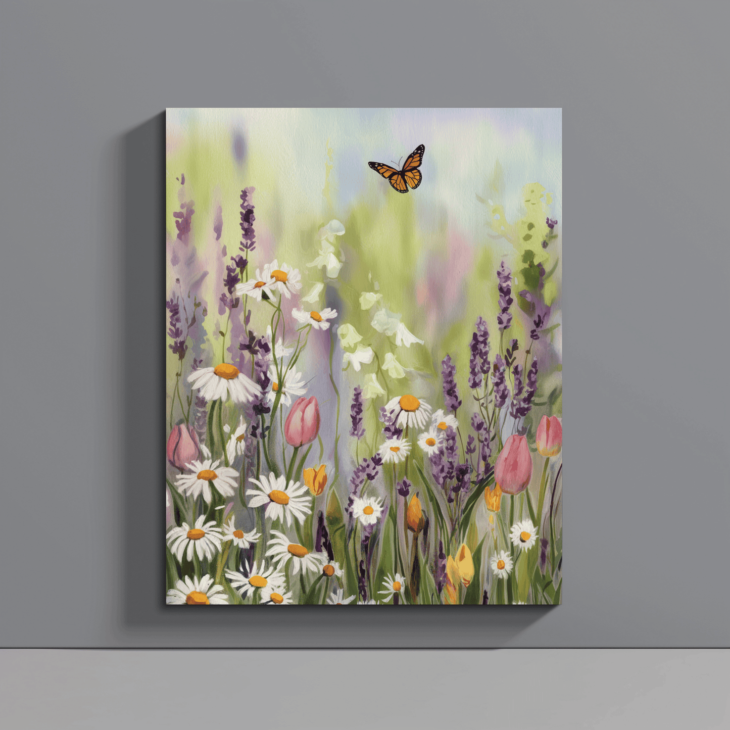 Field Of Flowers With Butterfly Canvas Wall Art