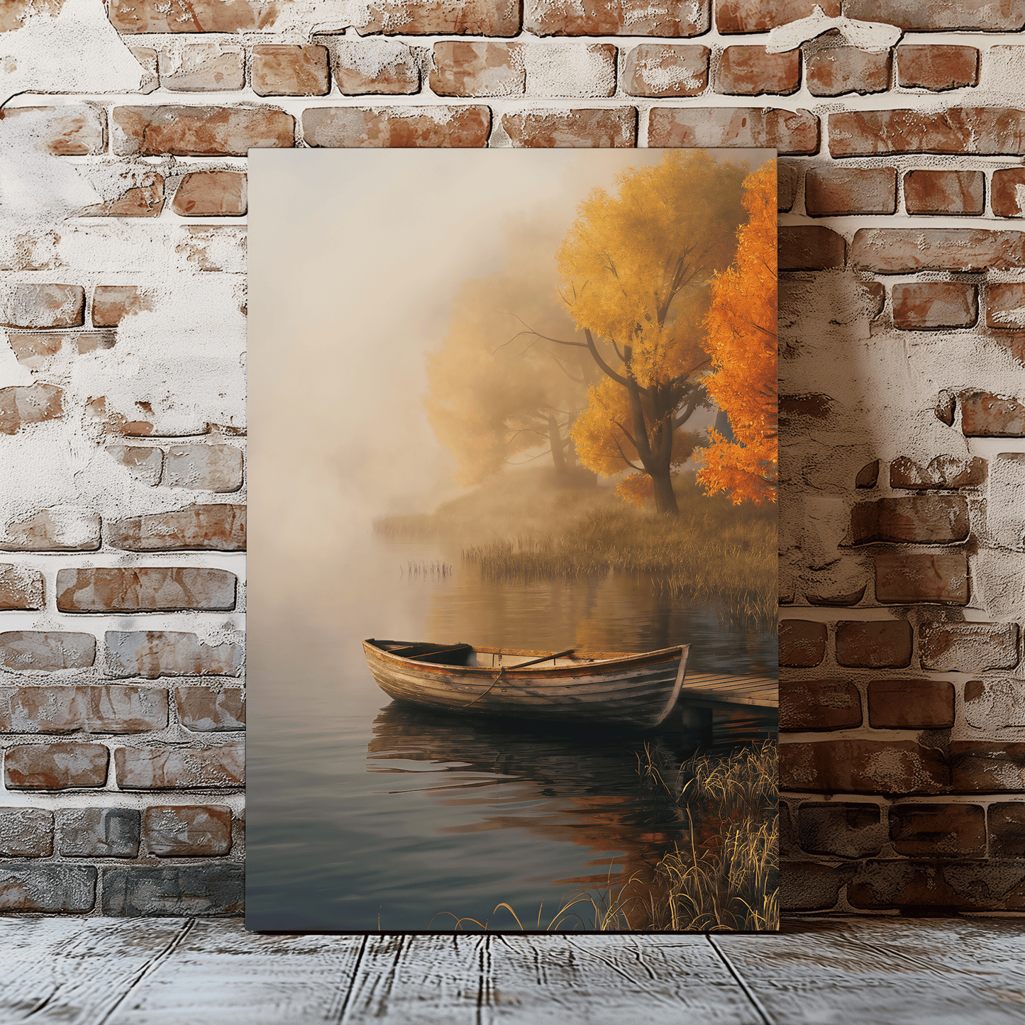 Wooden Boat On A Foggy Lake Canvas Wall Art