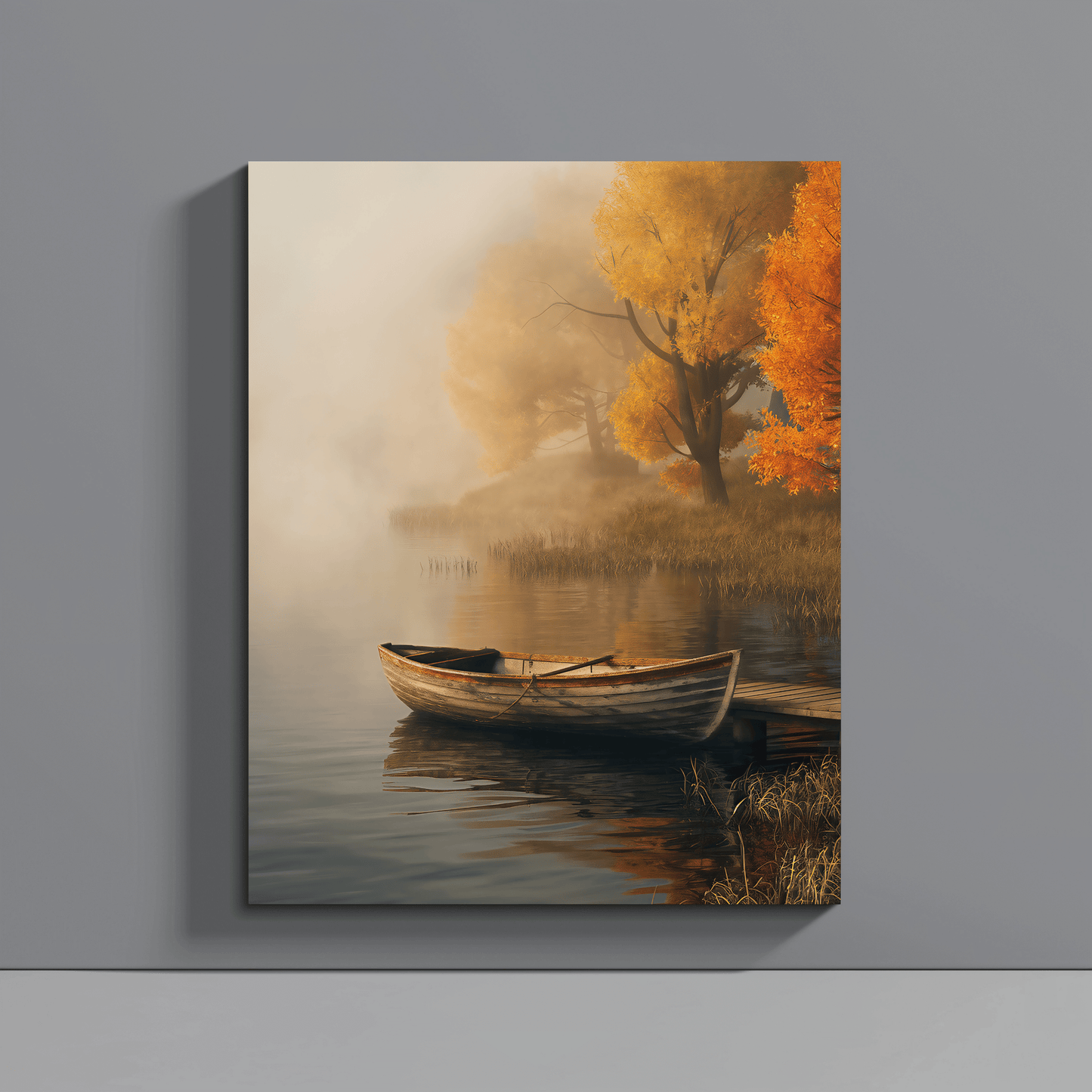 Wooden Boat On A Foggy Lake Canvas Wall Art