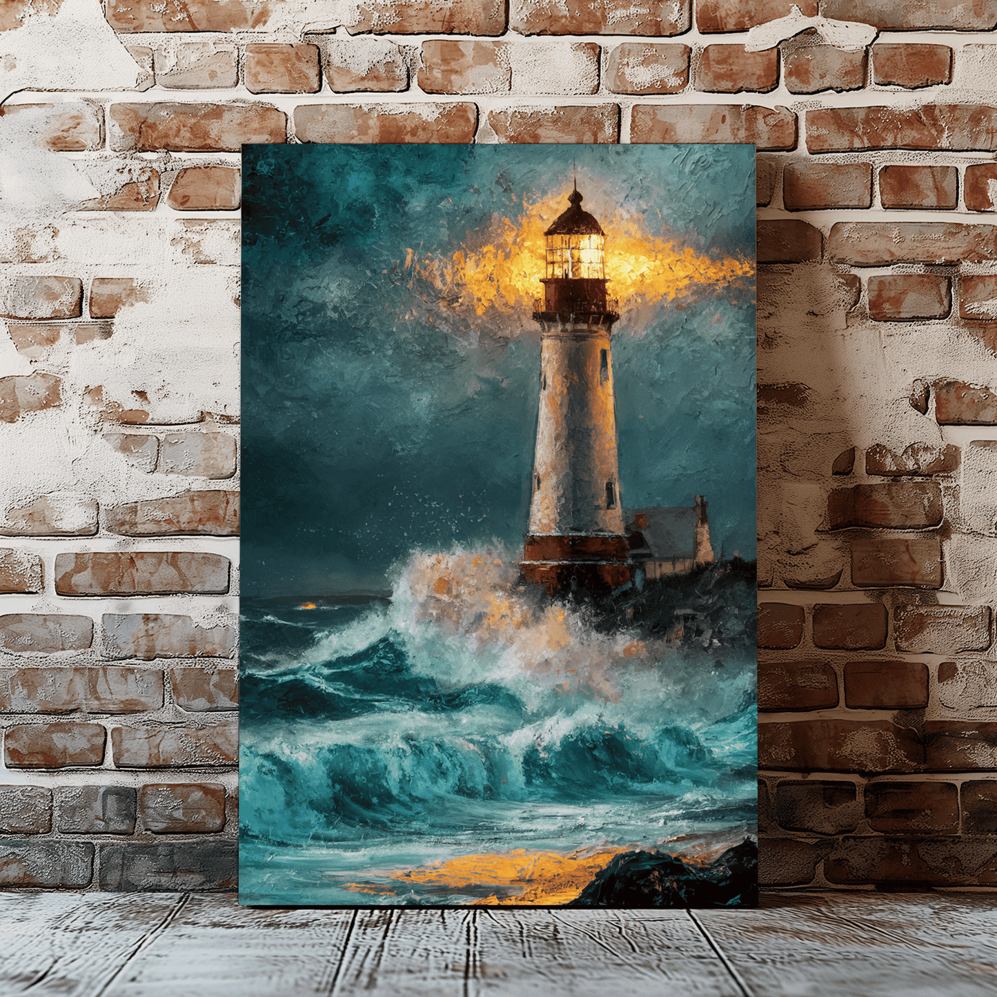 Oil Painting Of Lighthouse In Stormy Seas Canvas Wall Art