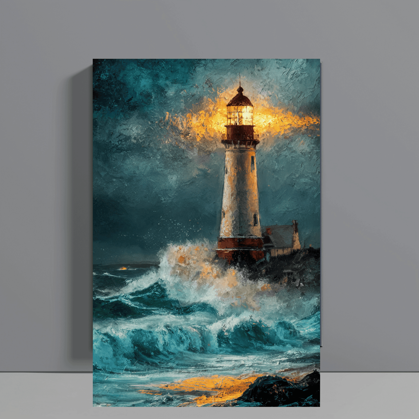 Oil Painting Of Lighthouse In Stormy Seas Canvas Wall Art